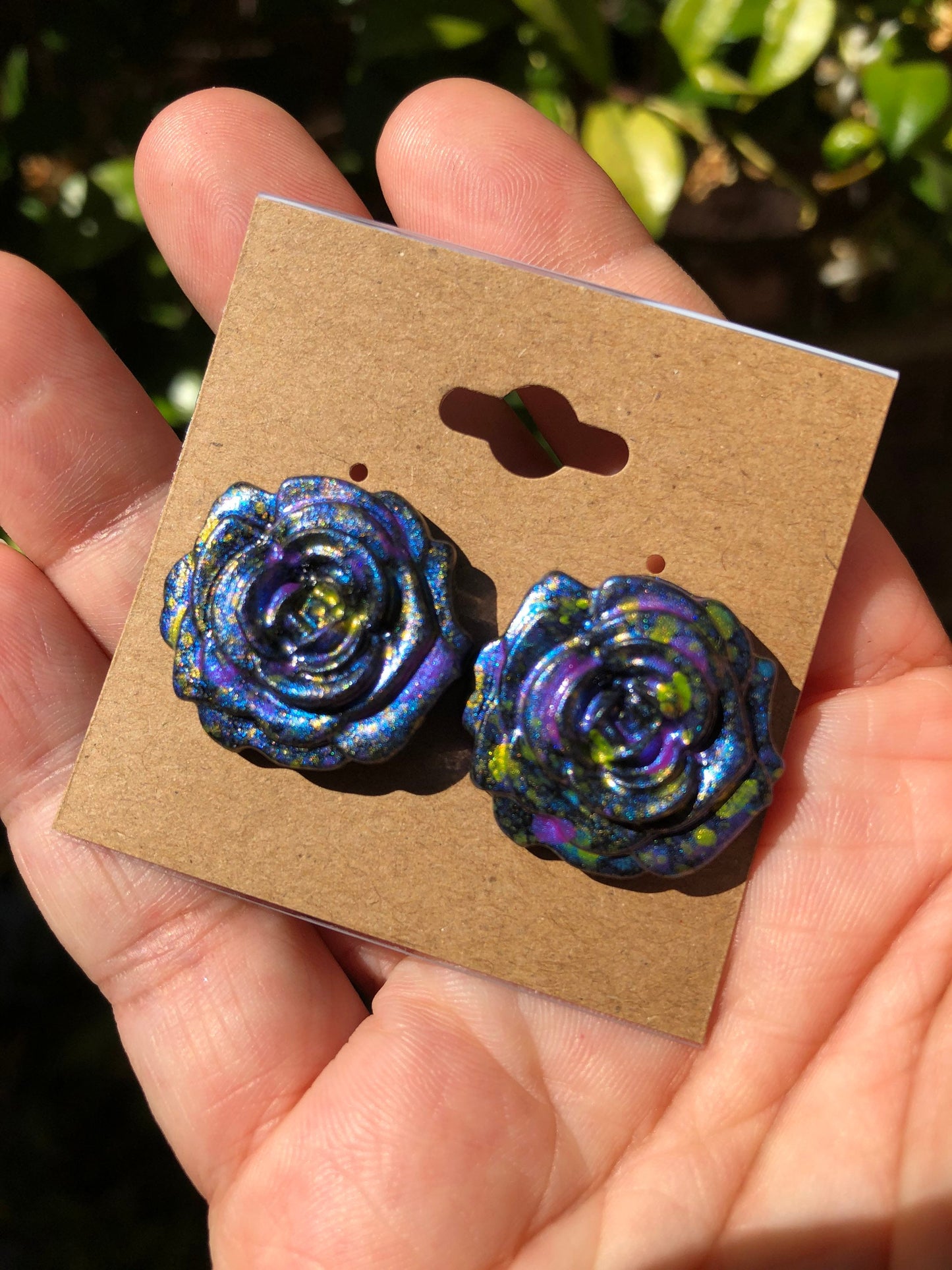 Hand Painted Galaxy Rose Shimmery Splatter Floral Stud Earrings YOU CHOOSE