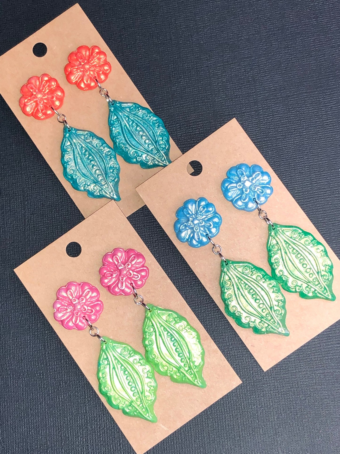 Tropical Shimmer Flower and Leaf Dangle Earrings YOU CHOOSE