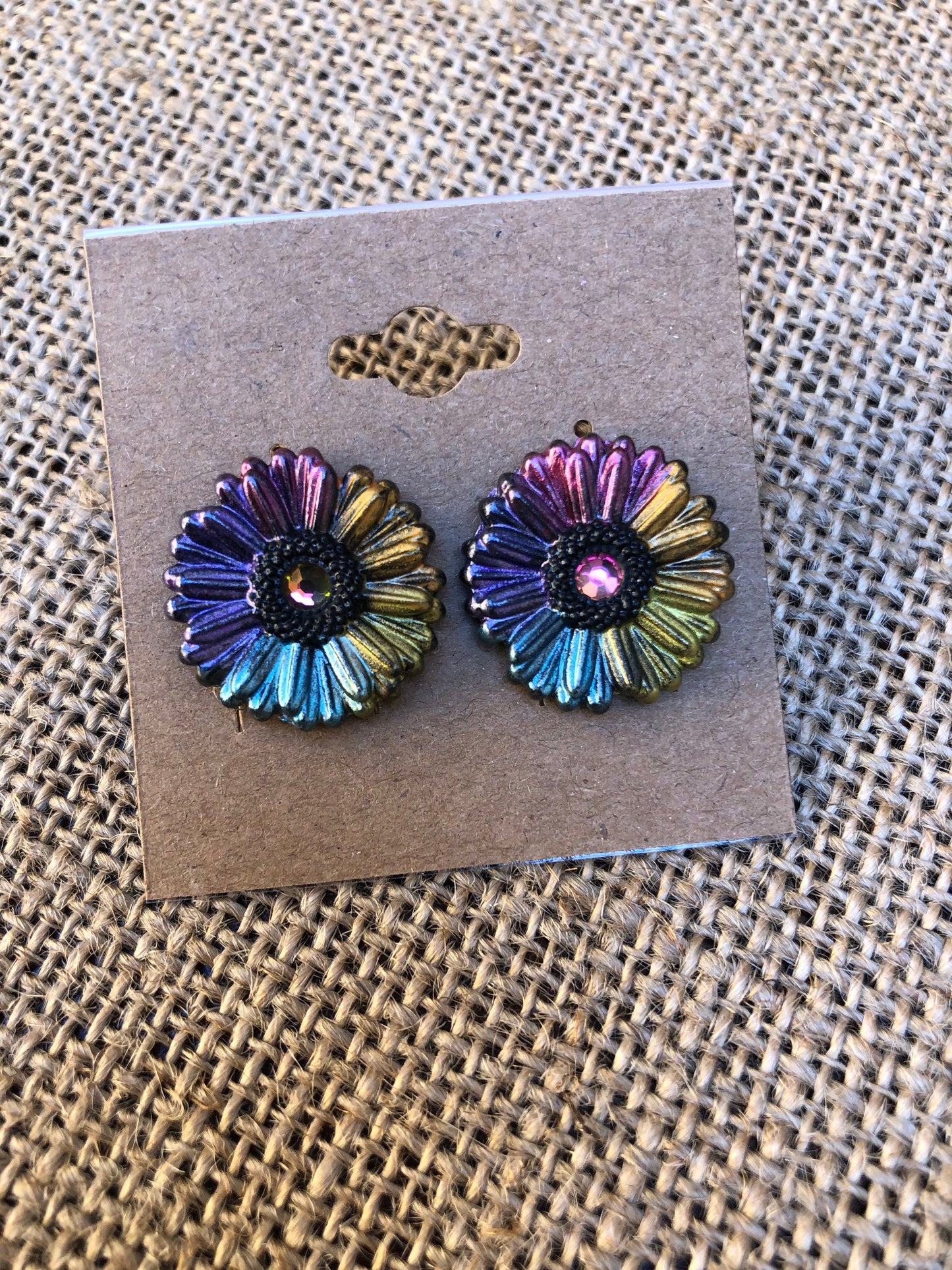 Boho Bloom Dark Rainbow Rhinestone Gerbera Daisy Polymer Clay Floral Stud Earrings