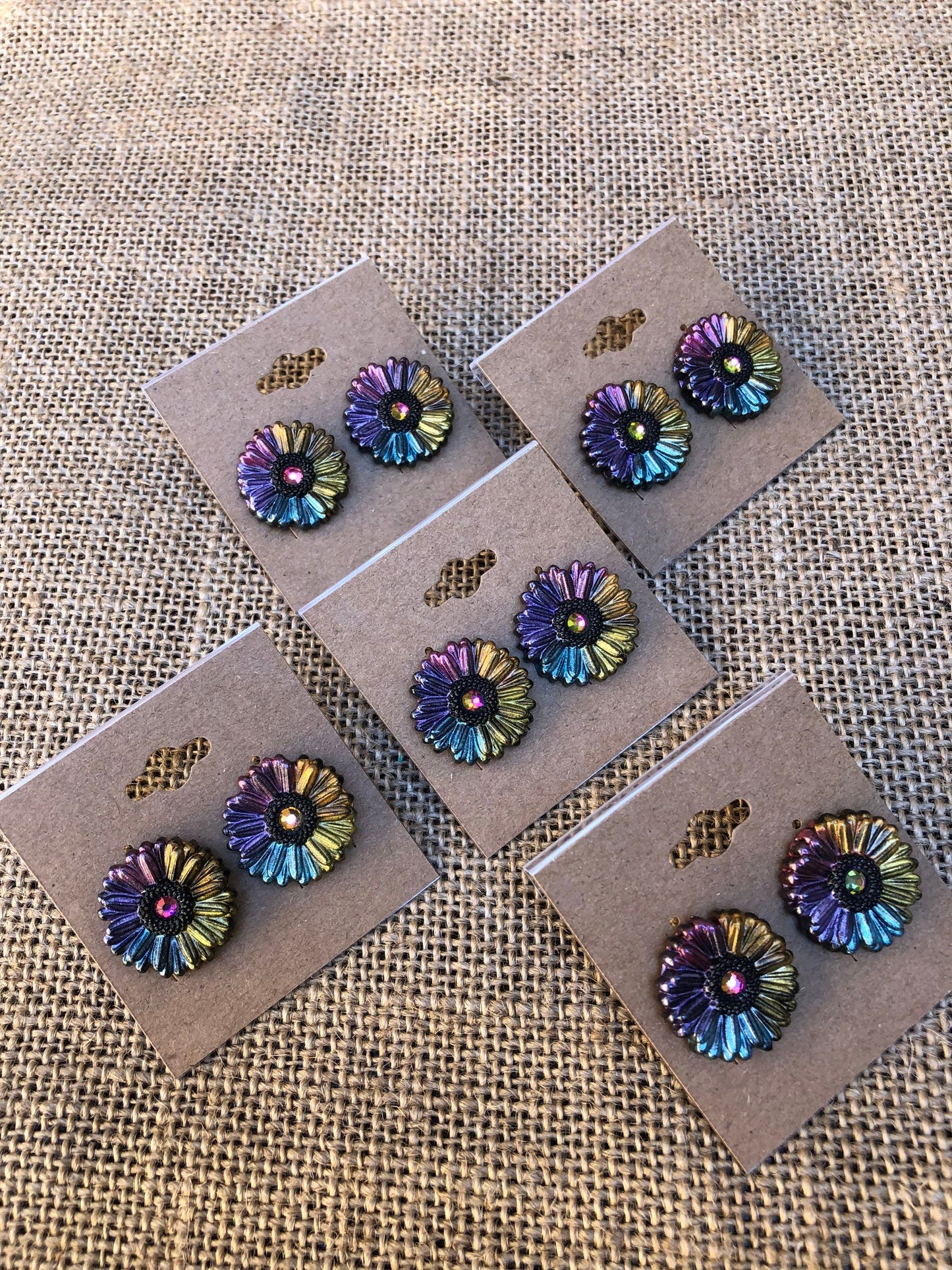 Boho Bloom Dark Rainbow Rhinestone Gerbera Daisy Polymer Clay Floral Stud Earrings
