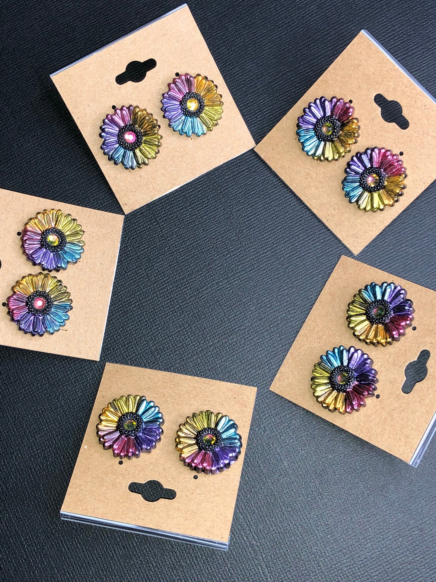 Boho Bloom Dark Rainbow Rhinestone Gerbera Daisy Polymer Clay Floral Stud Earrings