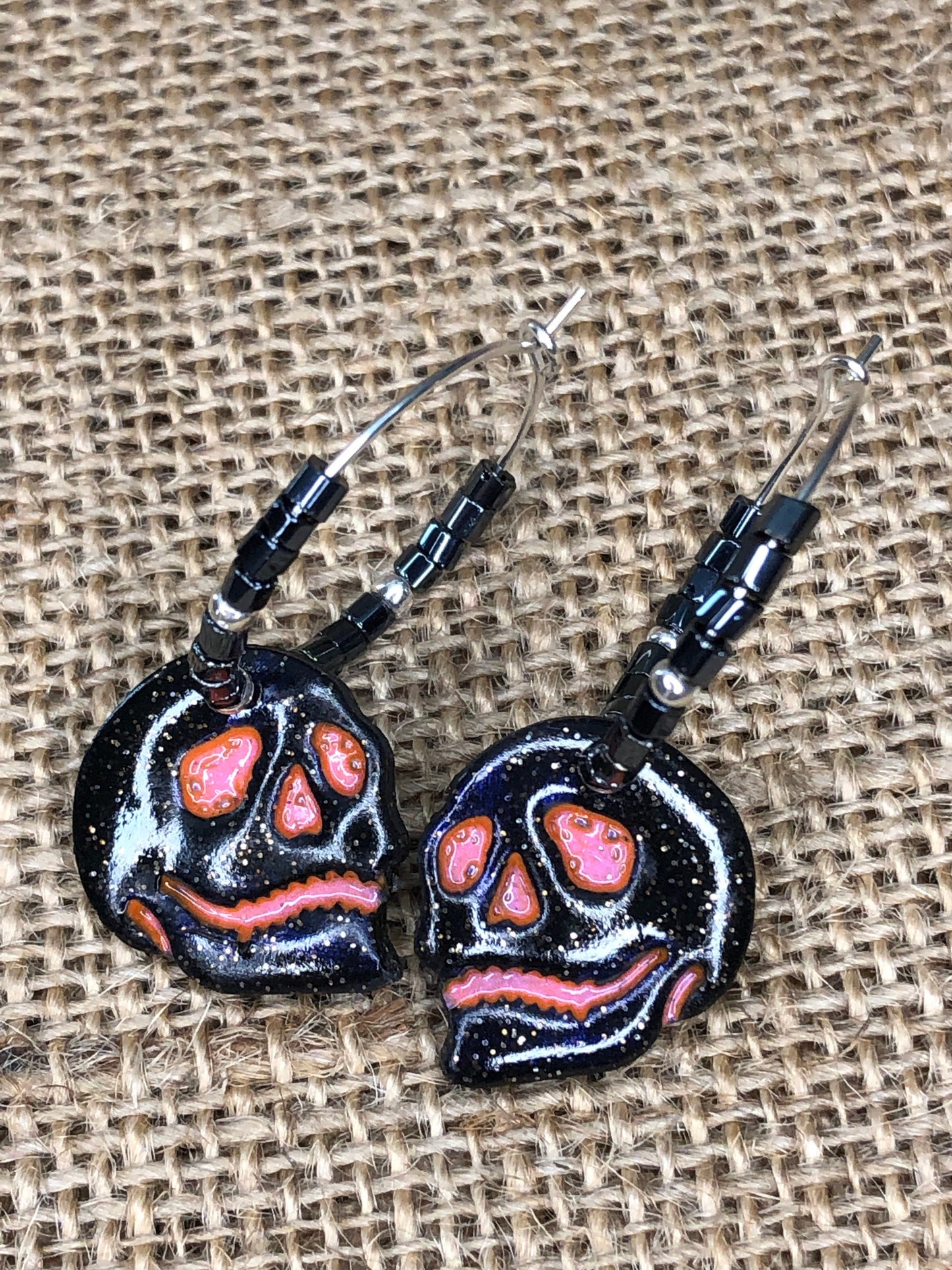 Hand Painted Spooky Skeleton Skull Head Beaded Hoop Earrings YOU CHOOSE 7 Colors