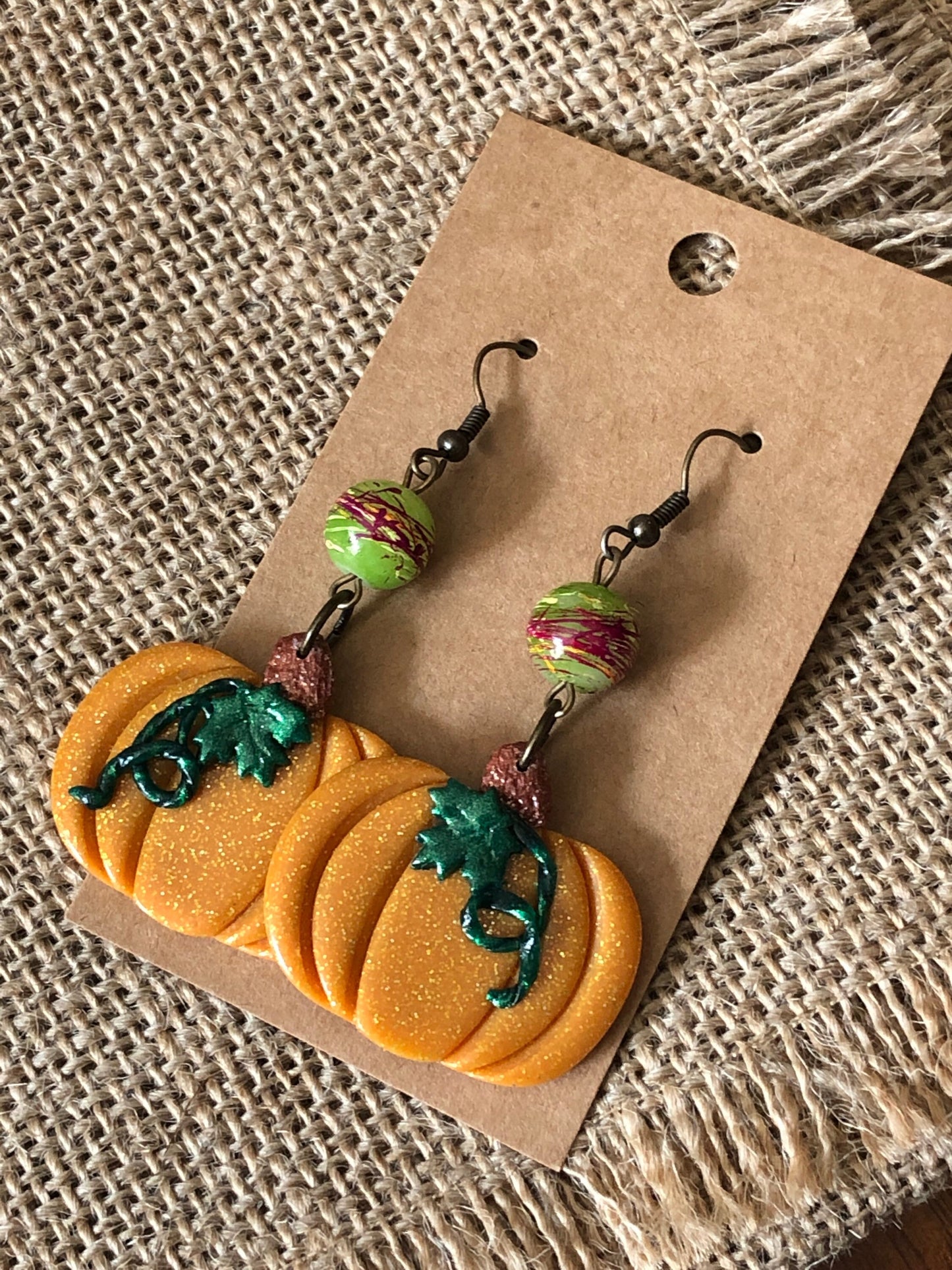 Glittery Autumn Pumpkin Vine Dangle Earrings For Halloween