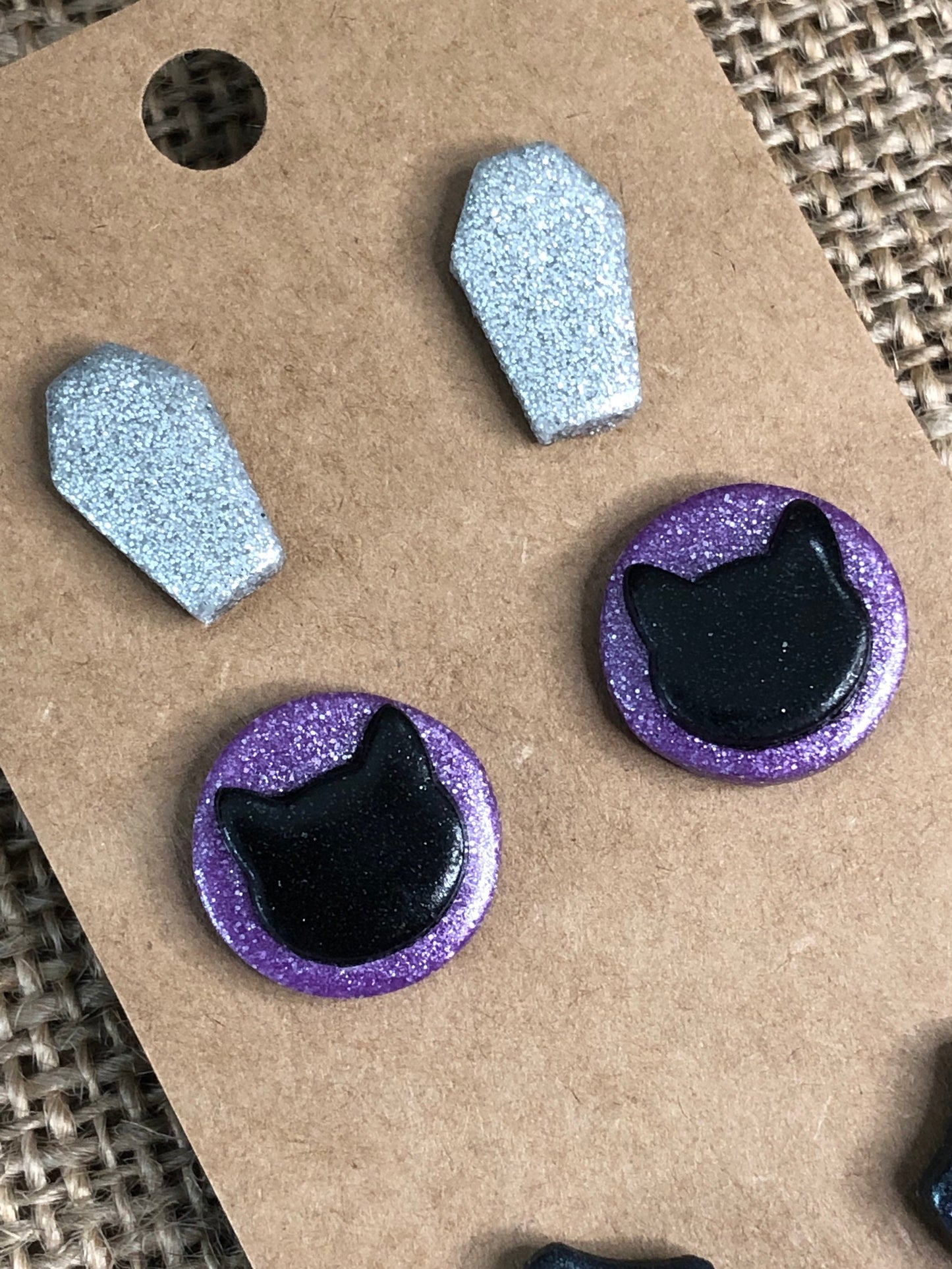 3 Pairs Halloween Statement Stud Earrings Bat Wings Coffin Black Cat