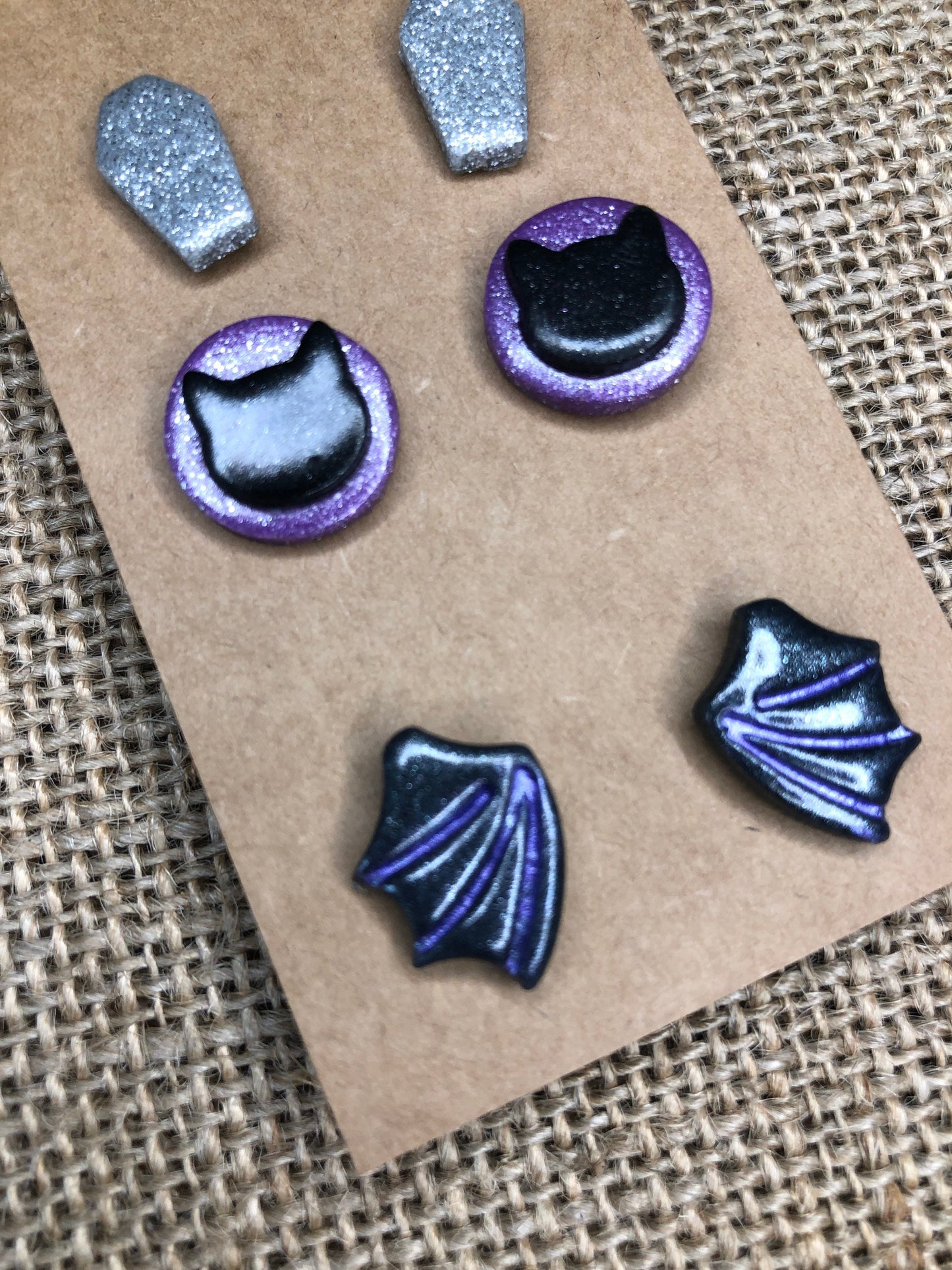 3 Pairs Halloween Statement Stud Earrings Bat Wings Coffin Black Cat