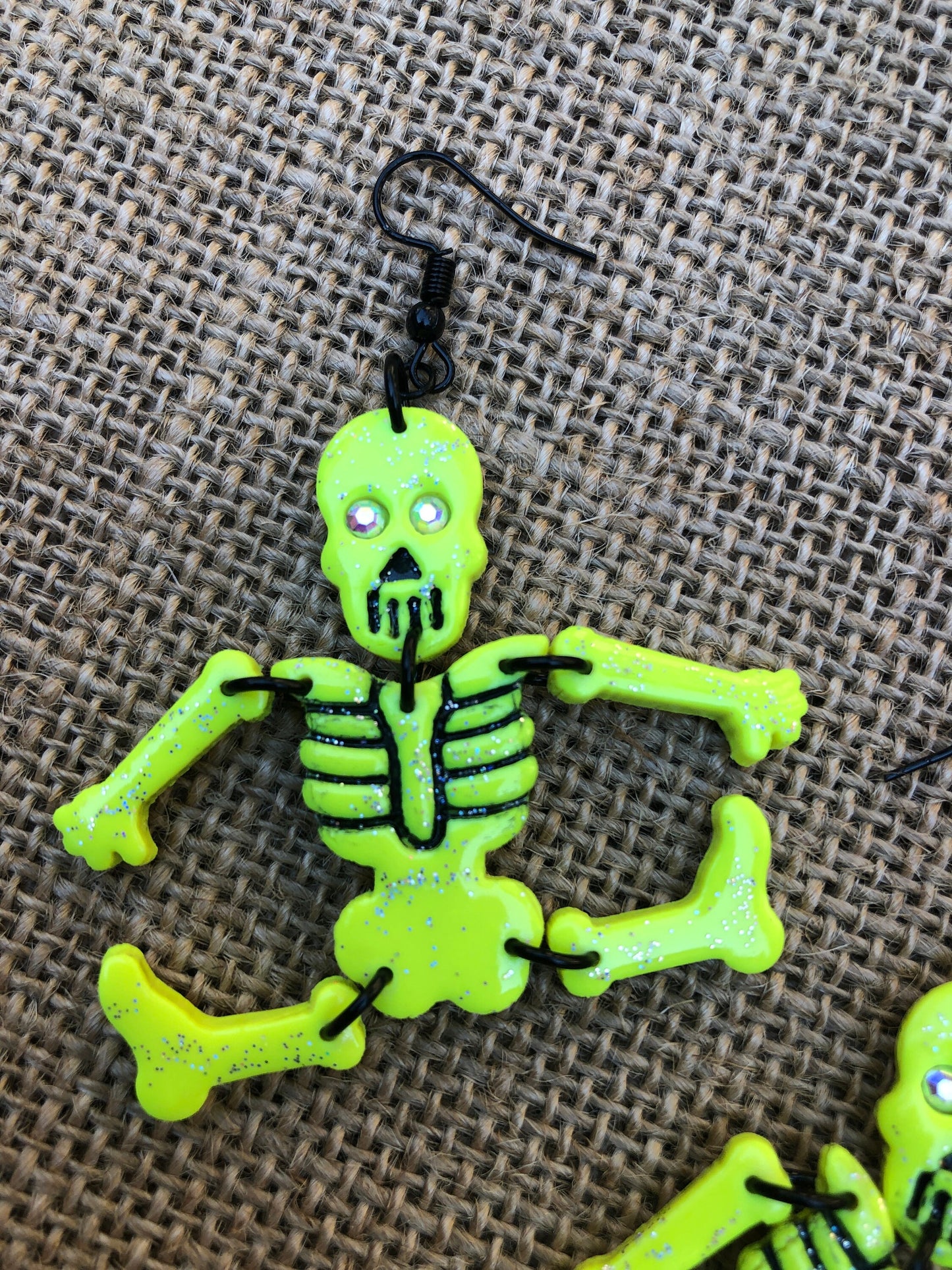 Poseable Neon Hot Pink Or Fluorescent Yellow Grunge Glitter Skeleton Dangle Earrings YOU CHOOSE
