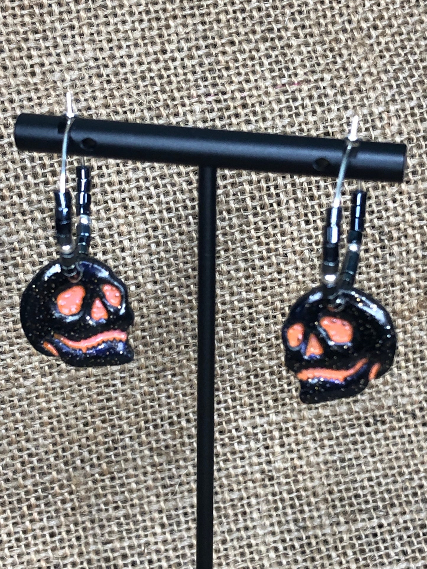 Hand Painted Spooky Skeleton Skull Head Beaded Hoop Earrings YOU CHOOSE 7 Colors