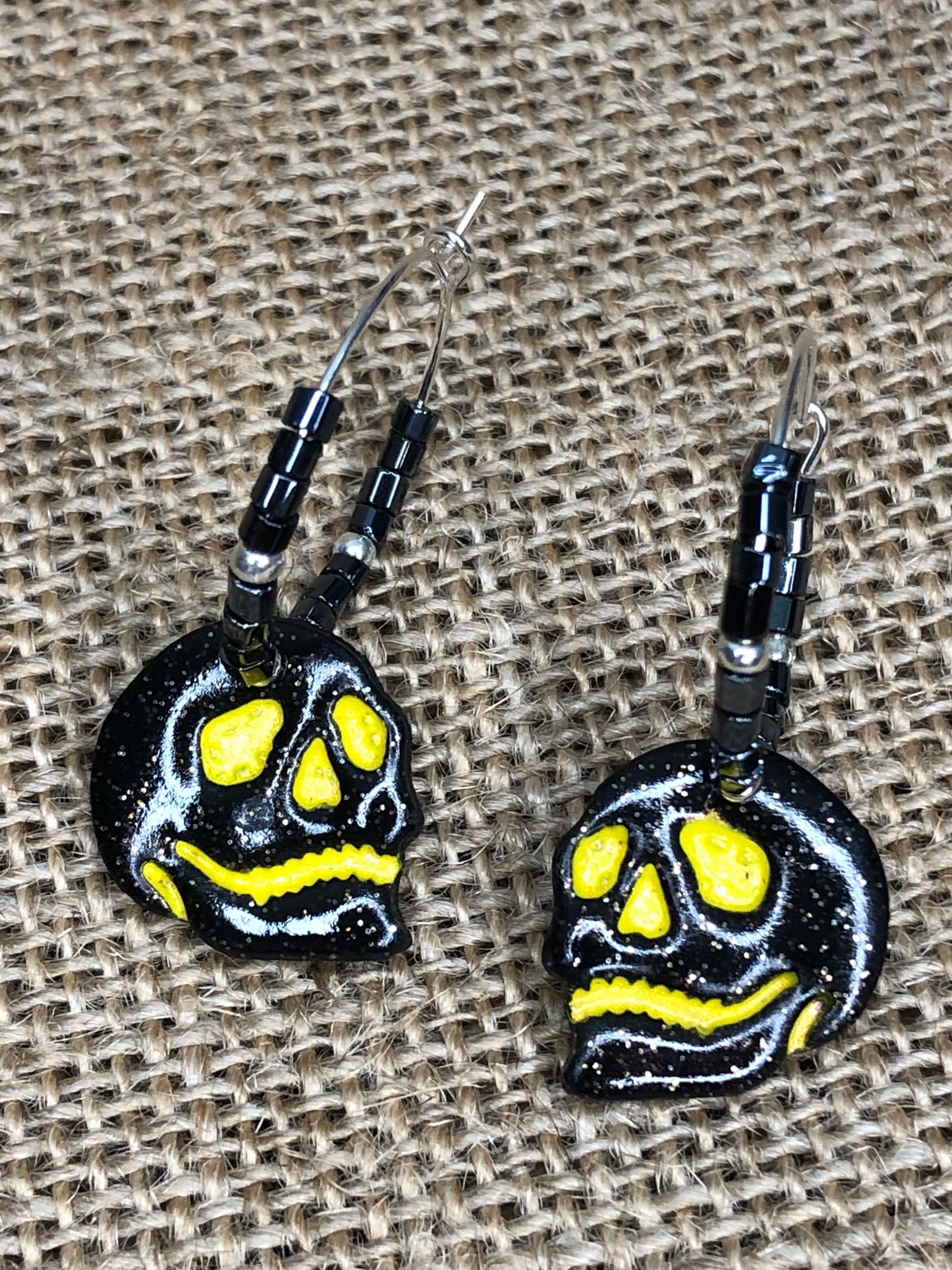Hand Painted Spooky Skeleton Skull Head Beaded Hoop Earrings YOU CHOOSE 7 Colors