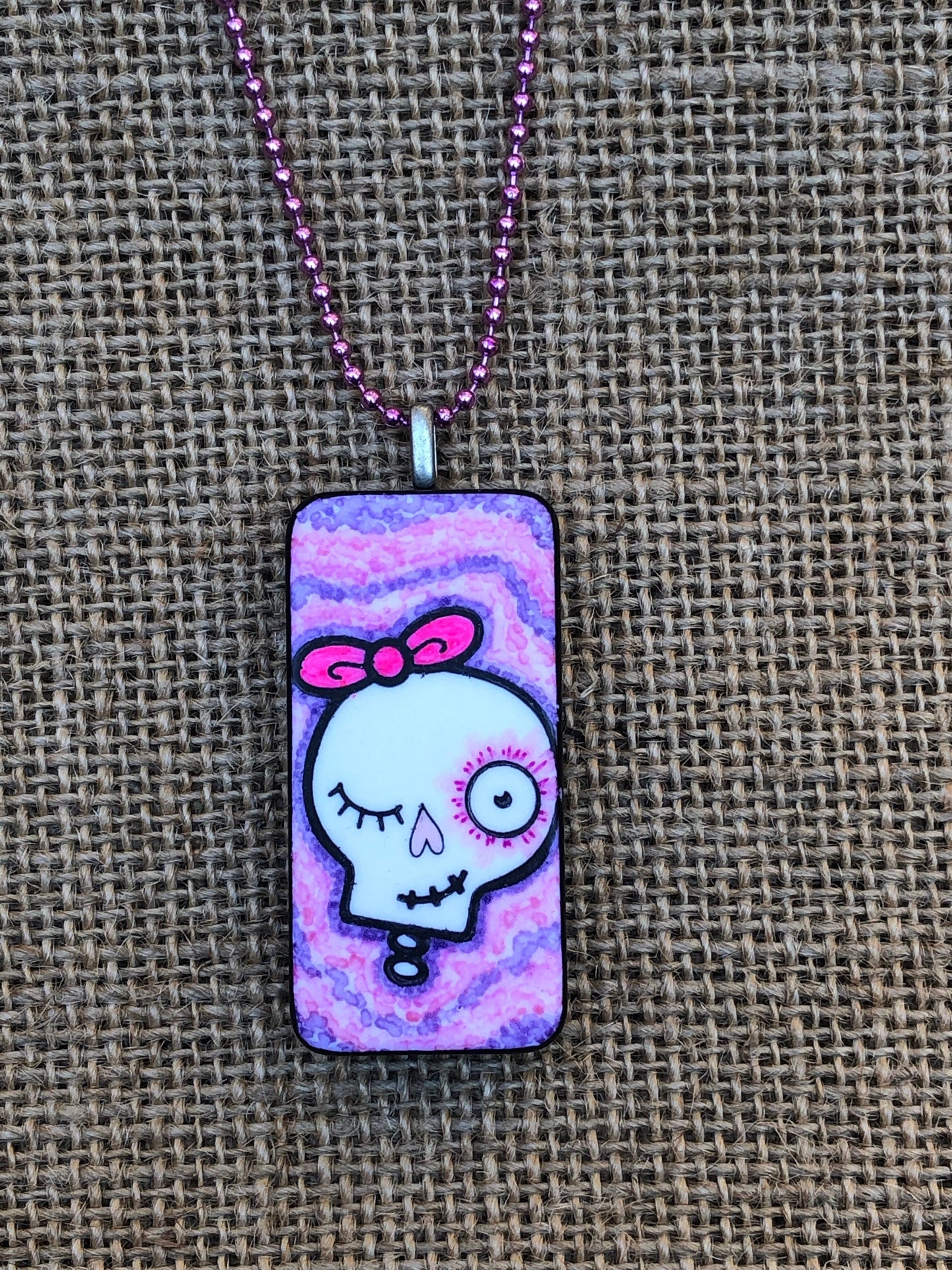 Winking Girl Skull Upcycled Domino Pendant Necklace