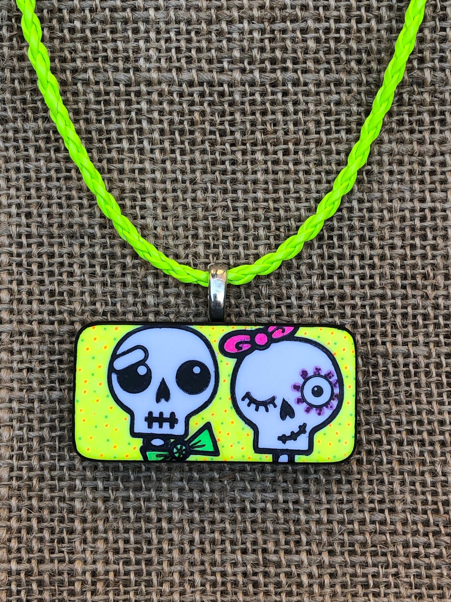 Creepy Cute Skeleton Couple Upcycled Domino Pendant Necklace YOU CHOOSE