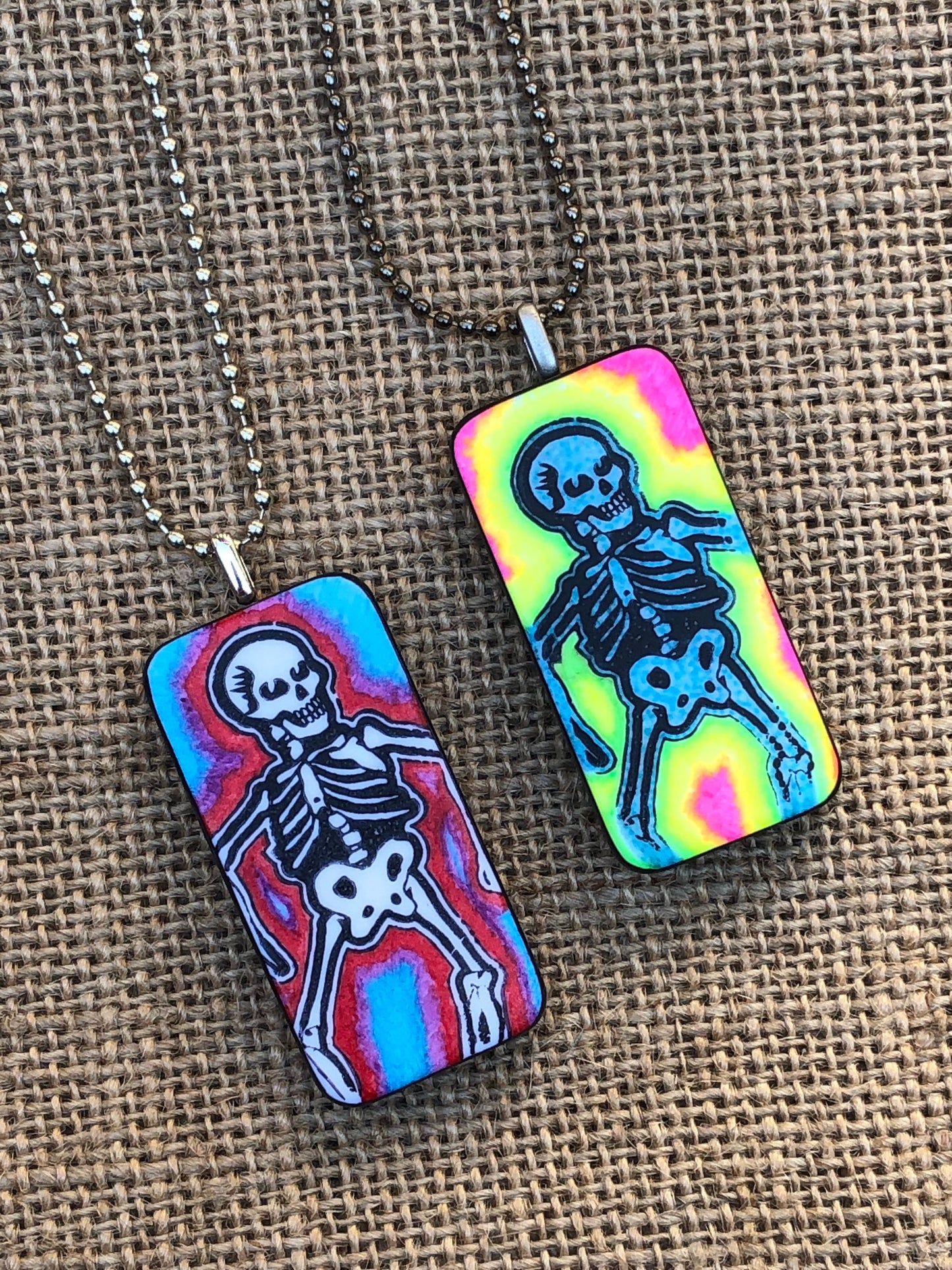 Radioactive Skeleton Skull Upcycled Domino Pendant Necklace YOU CHOOSE