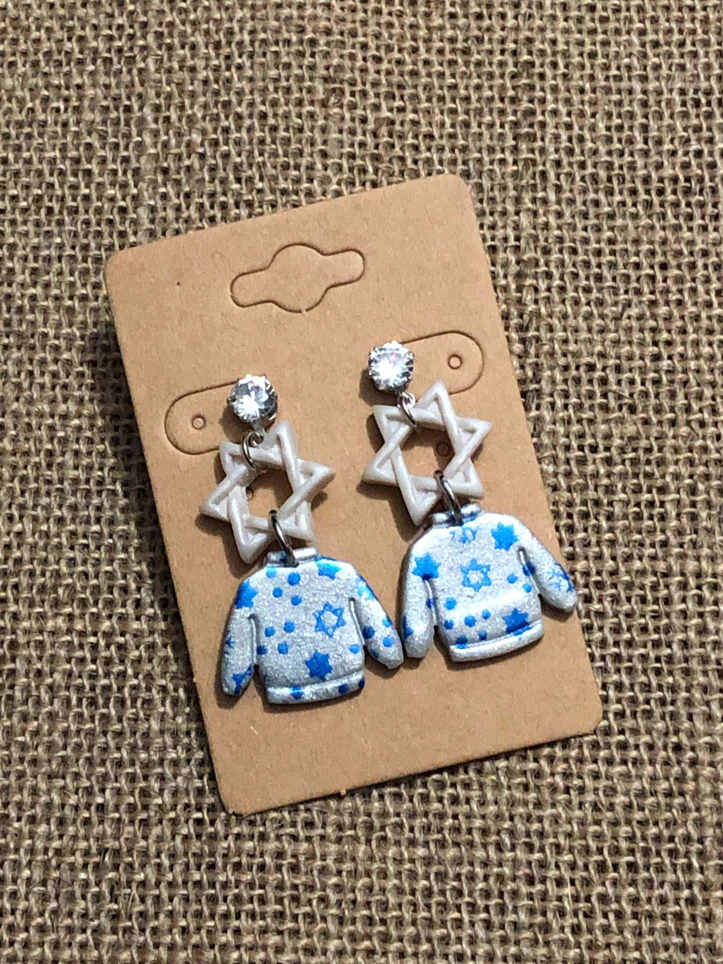 Metallic Hanukkah Star Of David Sweater Crystal Dangle Earrings YOU CHOOSE