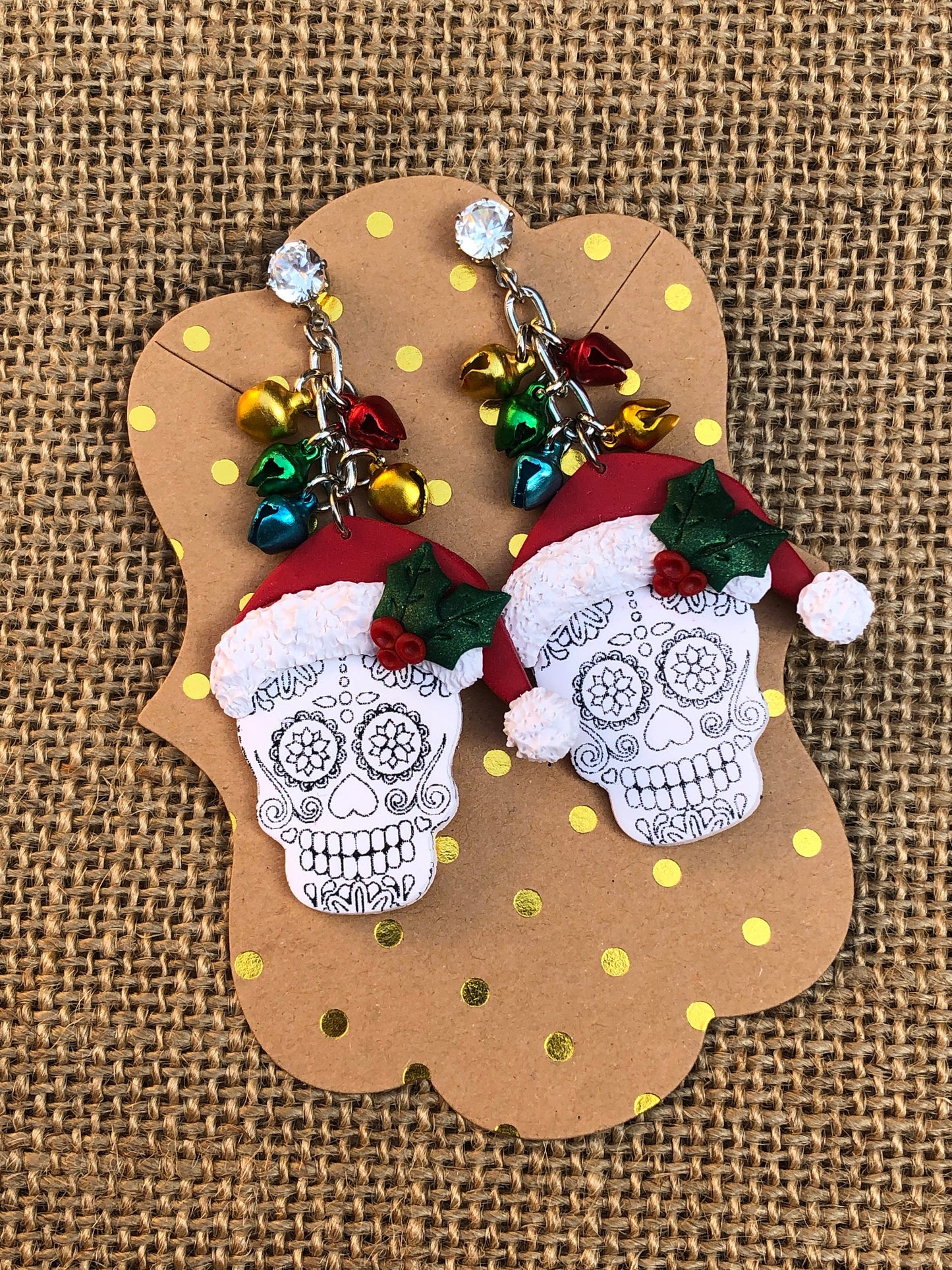 Colorful Christmas Jingle Bell Sugar Skull Statement Dangle Earrings YOU CHOOSE