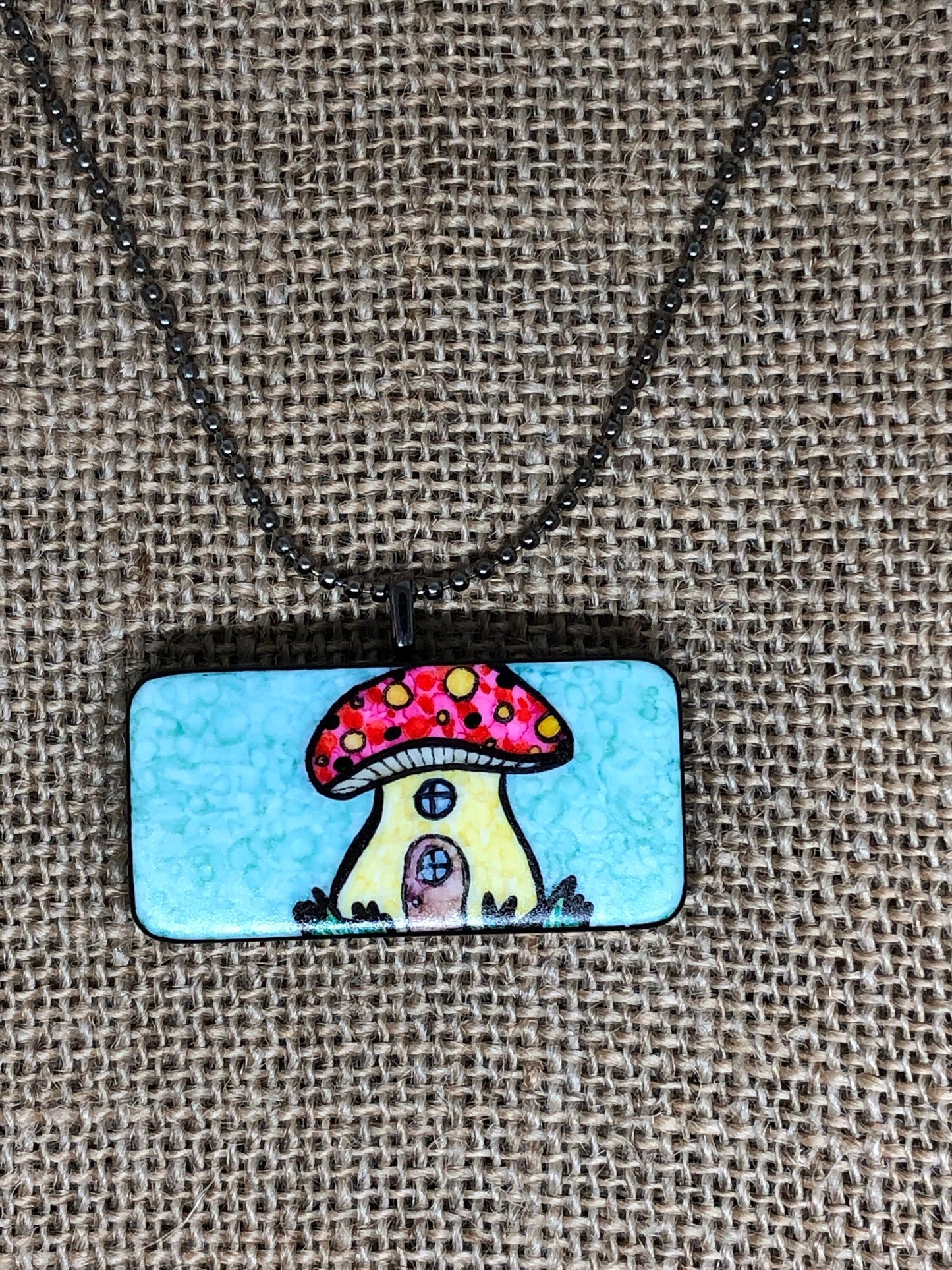 Forest Fairy Mushroom House Toadstool Upcycled Domino Pendant Necklace