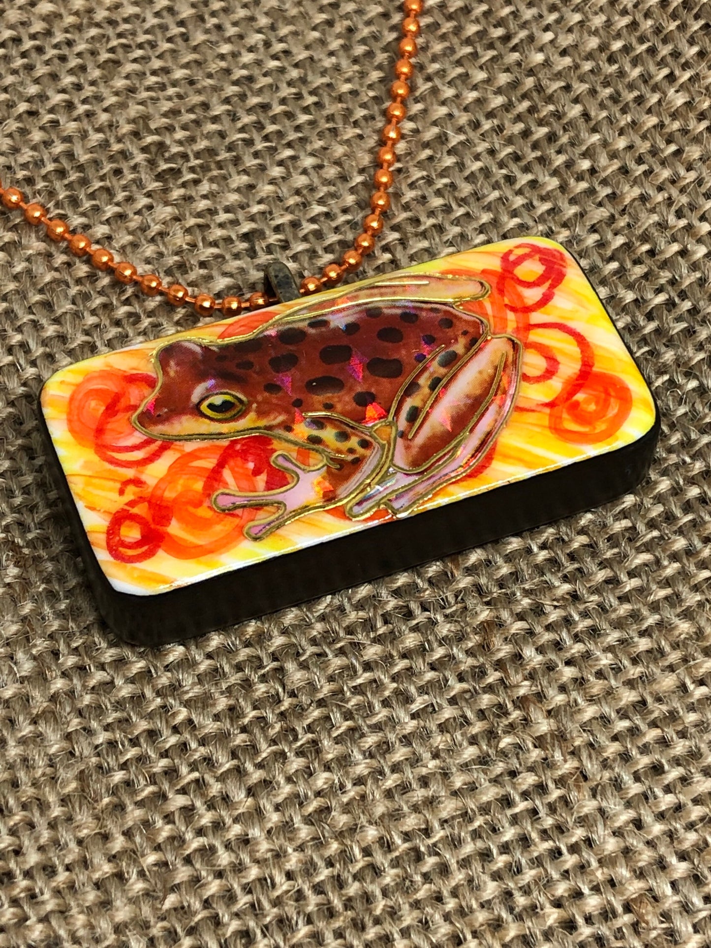 Orange Frog Upcycled Domino Pendant Necklace