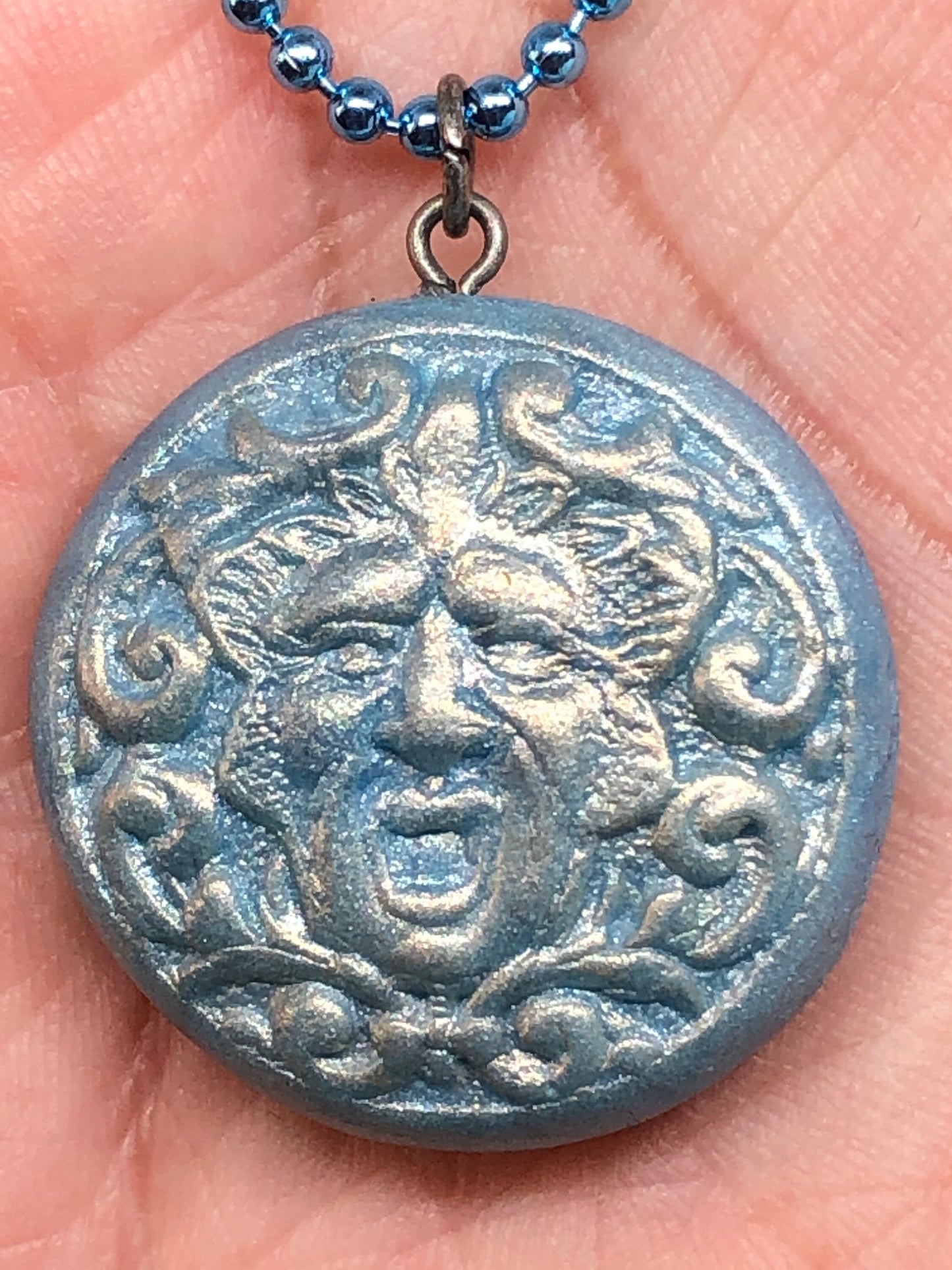 Gold and Blue Greenman Green Man Face Polymer Clay Pendant Necklace