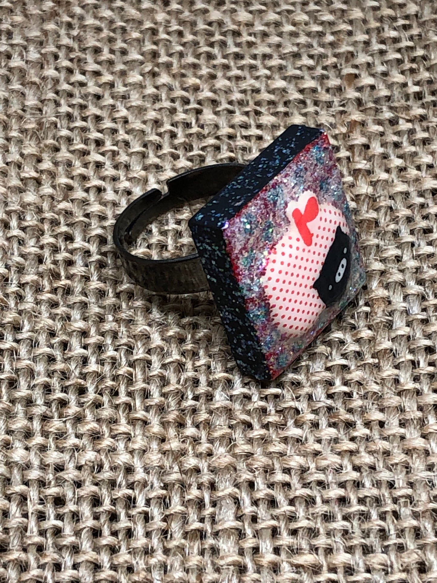 Cute Little Pig and Apple Adjustable Glitter Statement Ring