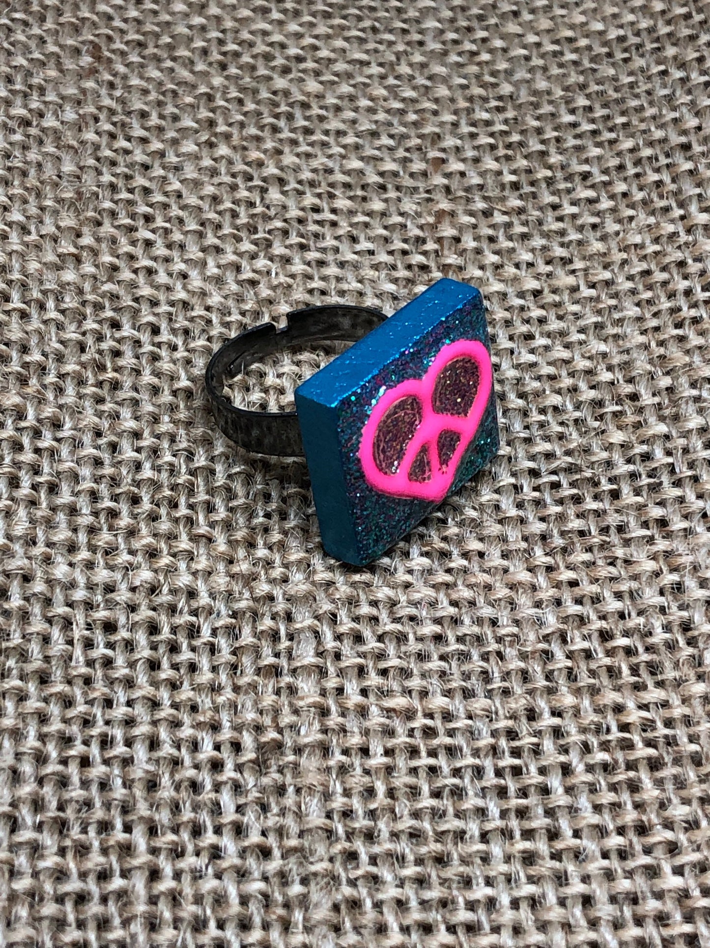 Hippie Peace Sign Heart Statement Glitter Ring Peace and Love