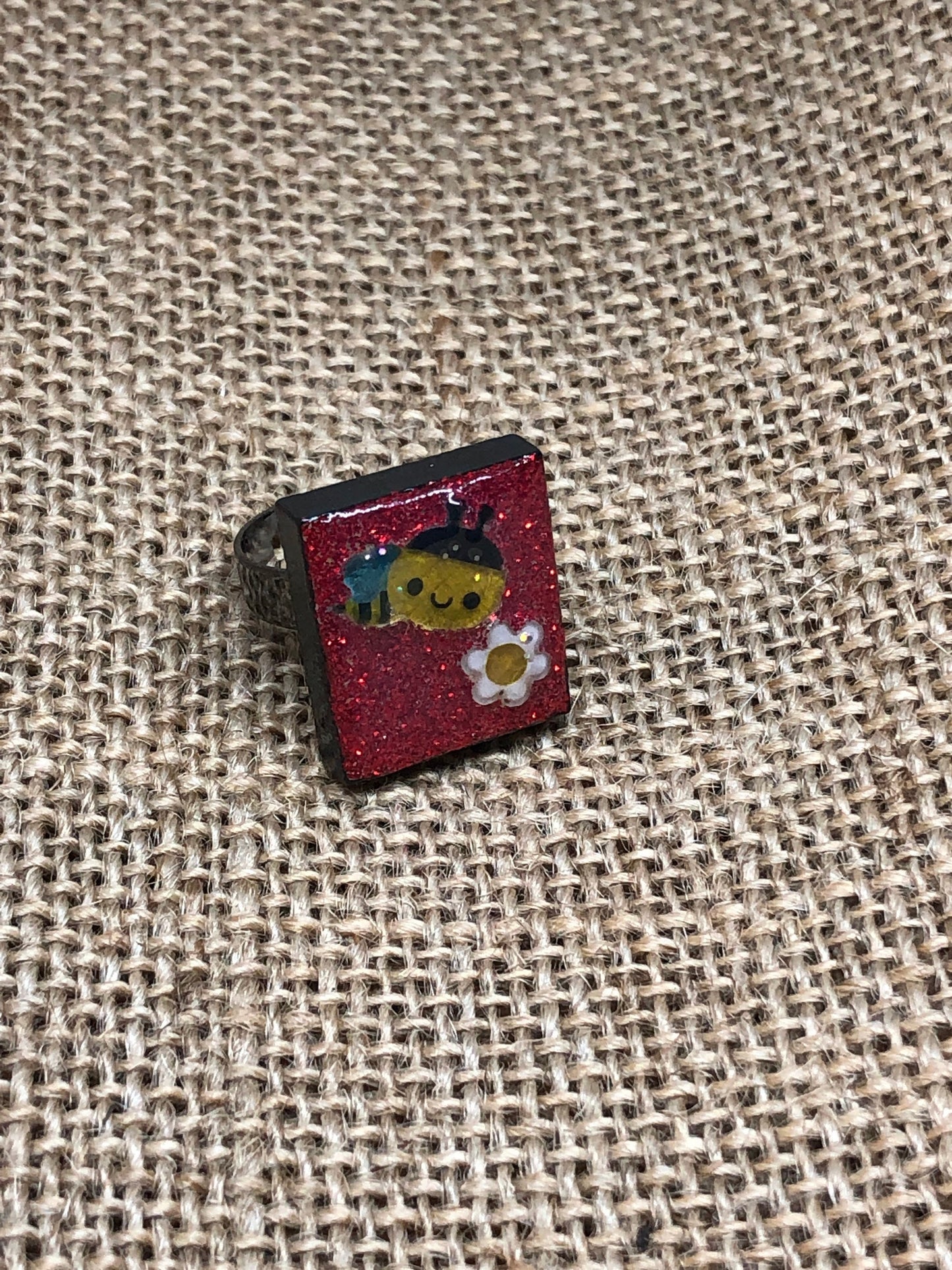 Sweet Kawaii Cute  Buzzing Bee Glittery Upcycled Game Tile Ring