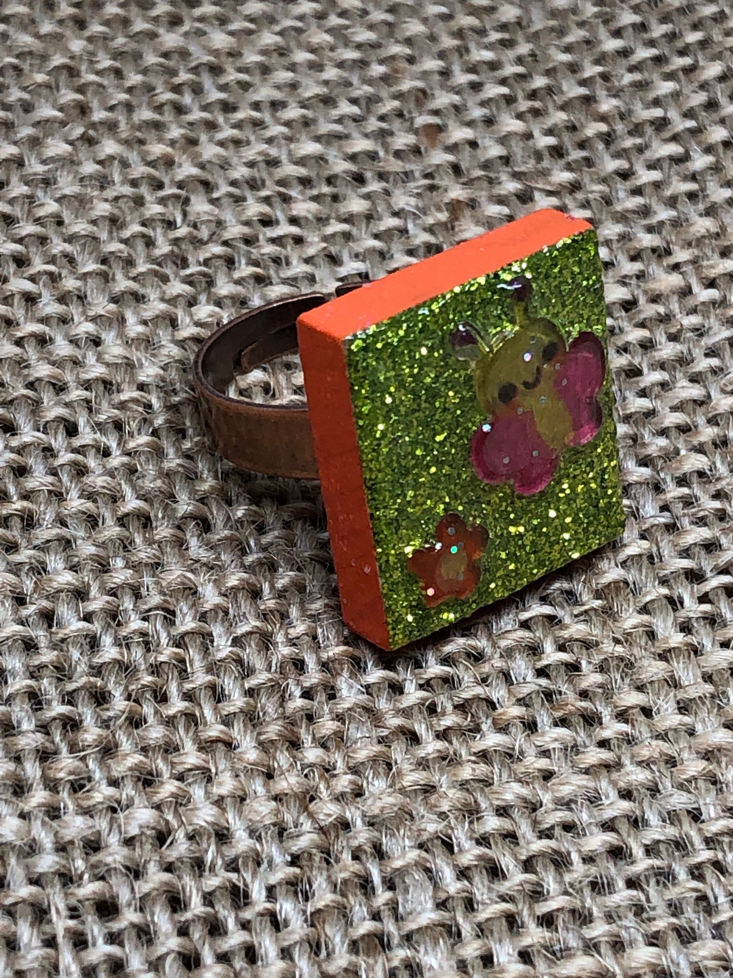 Girly Kawaii Cute Butterfly and Flower Upcycled Game Tile Ring
