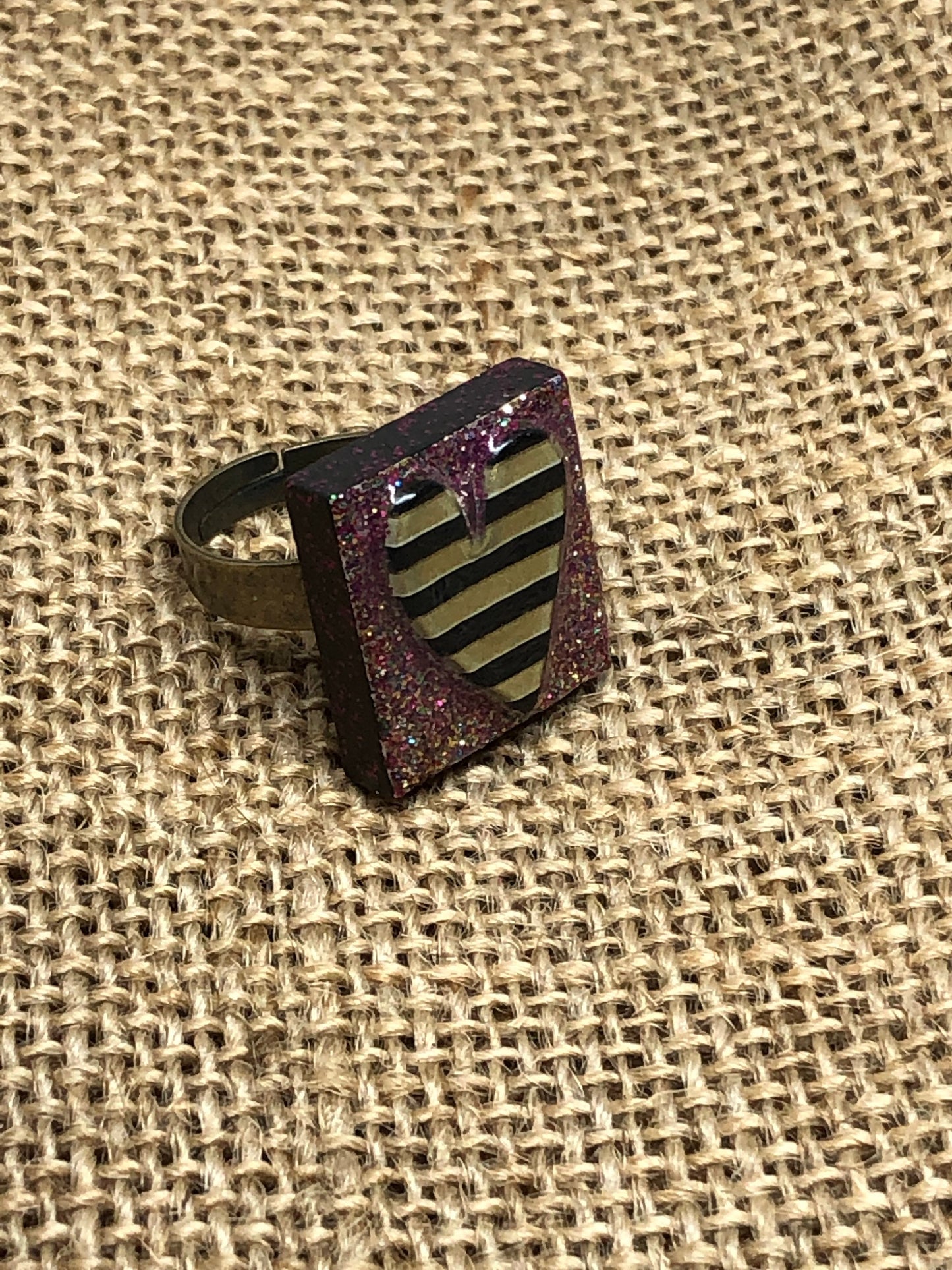 Girly Retro Striped Glittery Heart Statement Adjustable Ring
