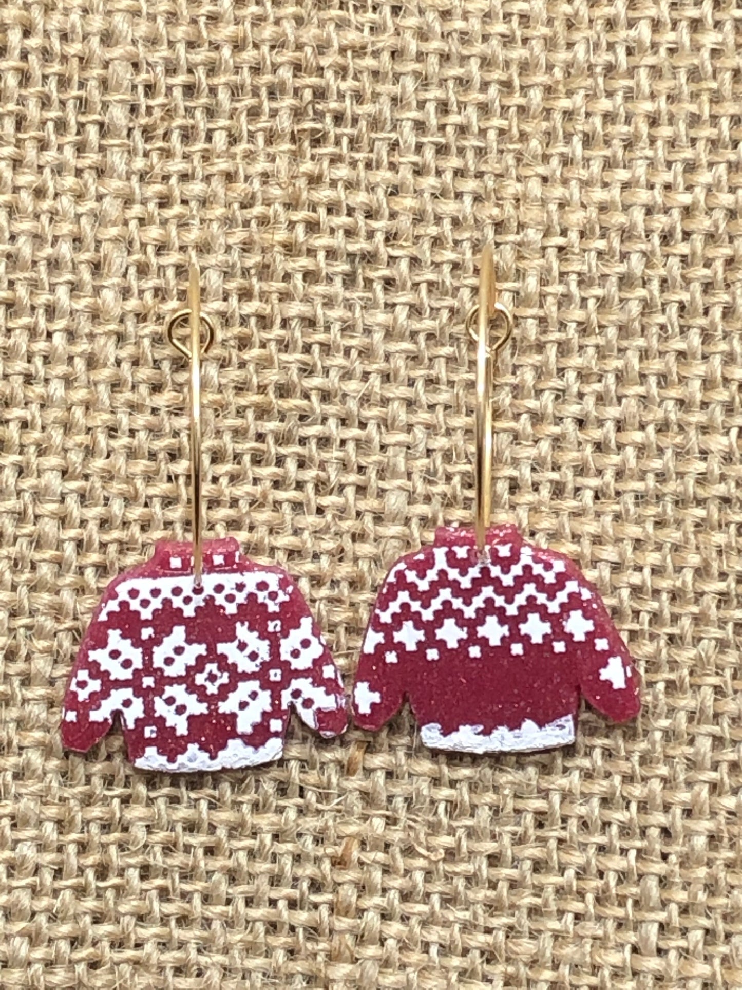 Red and Gold Sparkle Mini Ugly Winter Sweater Dangle Hoop Earrings YOU CHOOSE