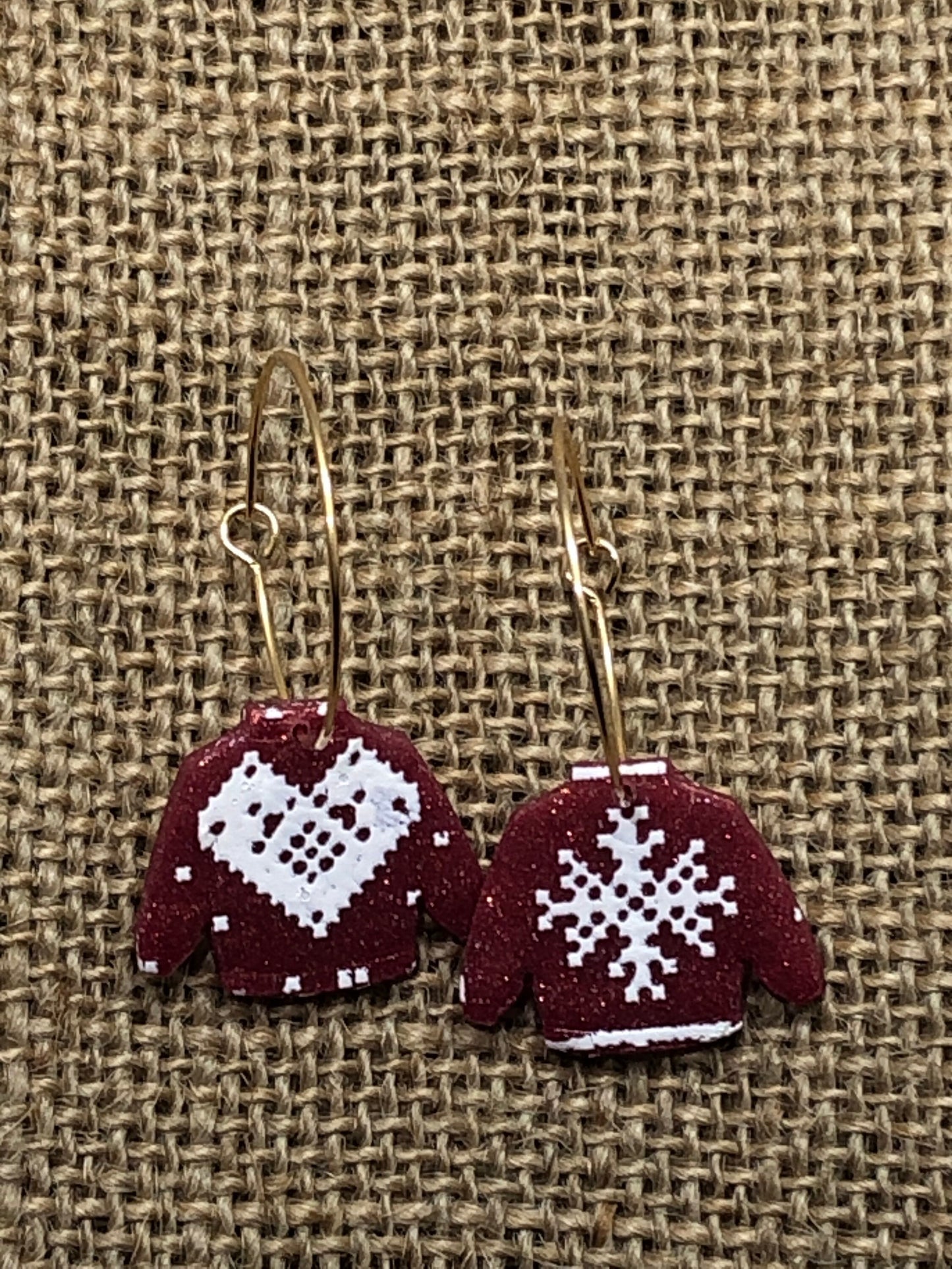 Red and Gold Sparkle Mini Ugly Winter Sweater Dangle Hoop Earrings YOU CHOOSE