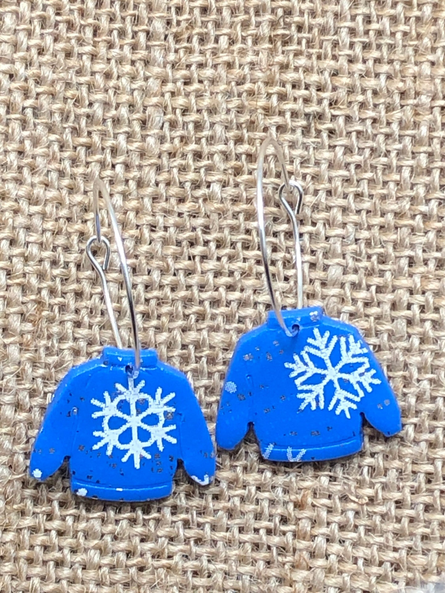 Blue Snowflake Ugly Sweater Dangle Hoop Earrings YOU CHOOSE