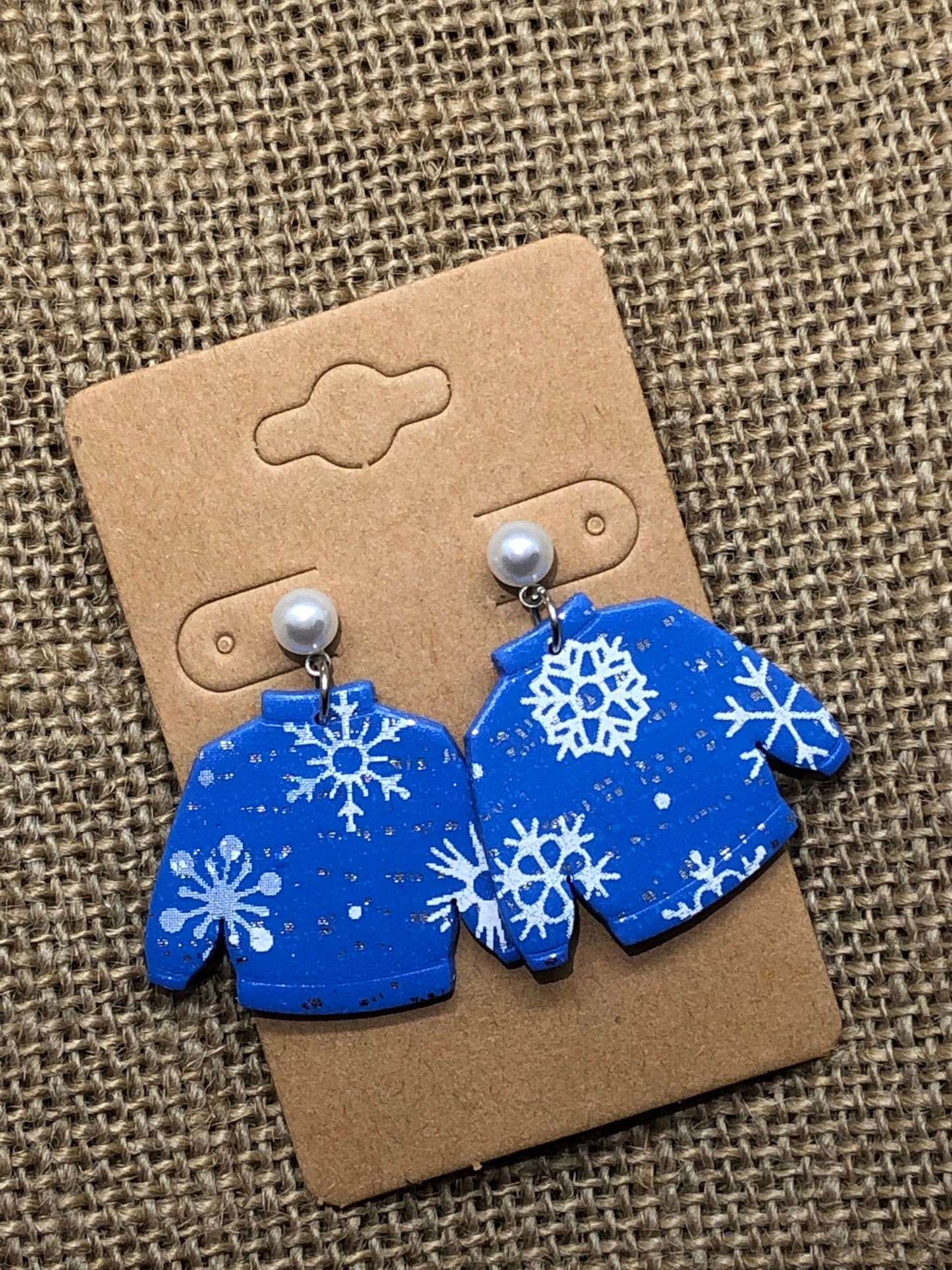 Snowy Snowflake Blue and Silver Christmas Sweater Pearl Dangle Earrings YOU CHOOSE
