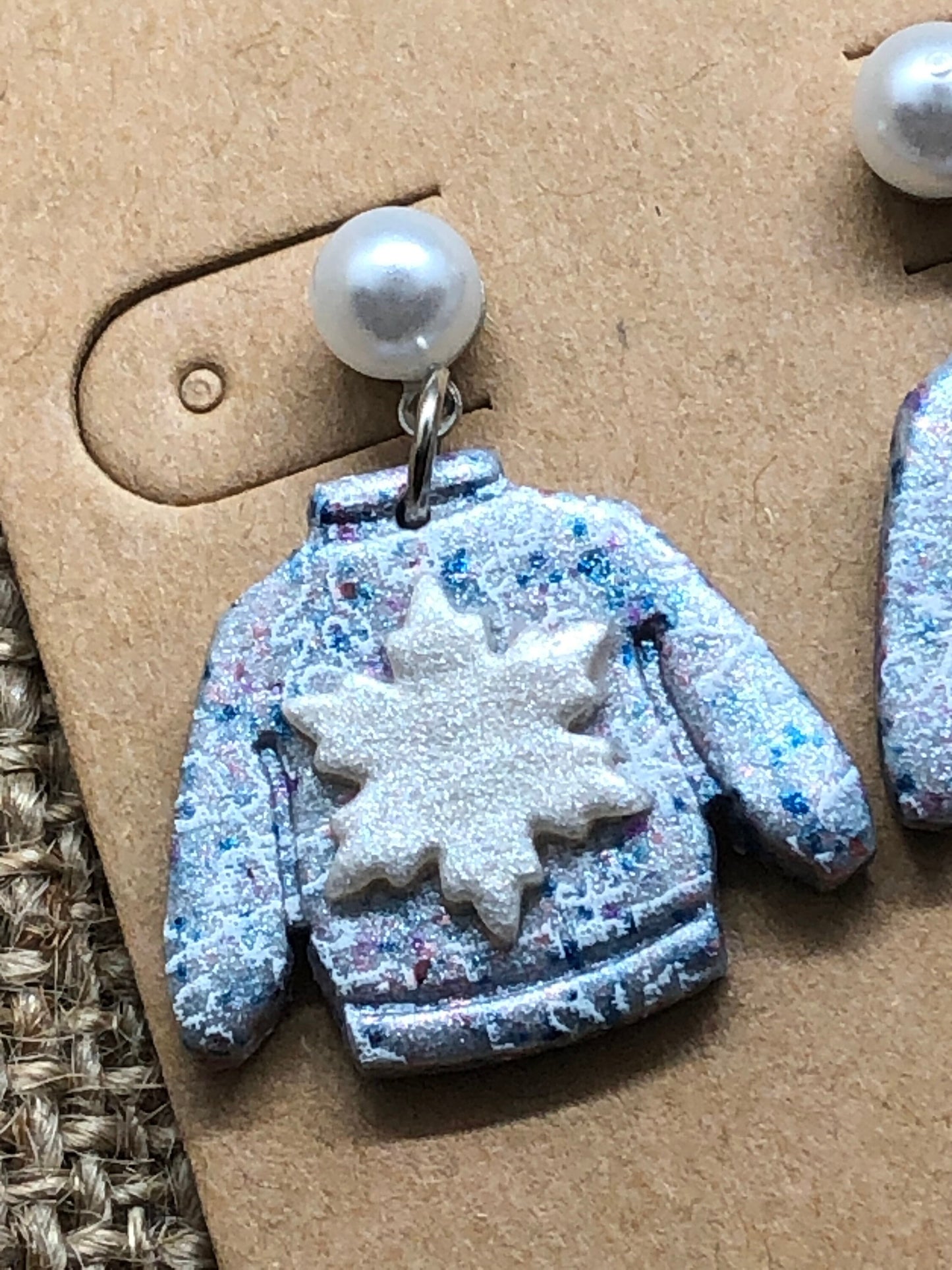 Snowflake and Glitter Ugly Fancy Christmas Sweater Dainty Pearl Dangle Earrings