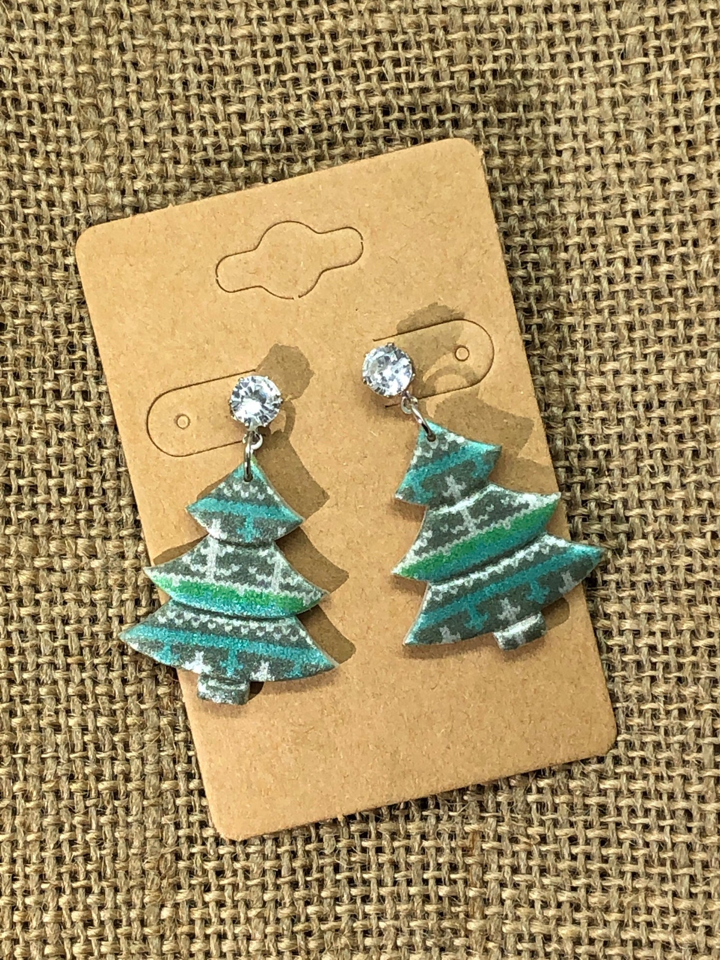 Sweater Print Christmas Tree and Crystal Earrings YOU CHOOSE