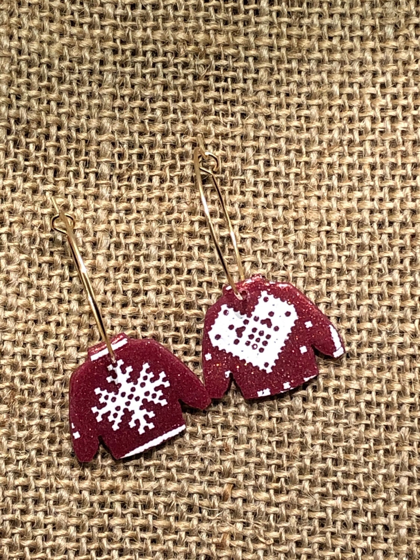 Red and Gold Sparkle Mini Ugly Winter Sweater Dangle Hoop Earrings YOU CHOOSE
