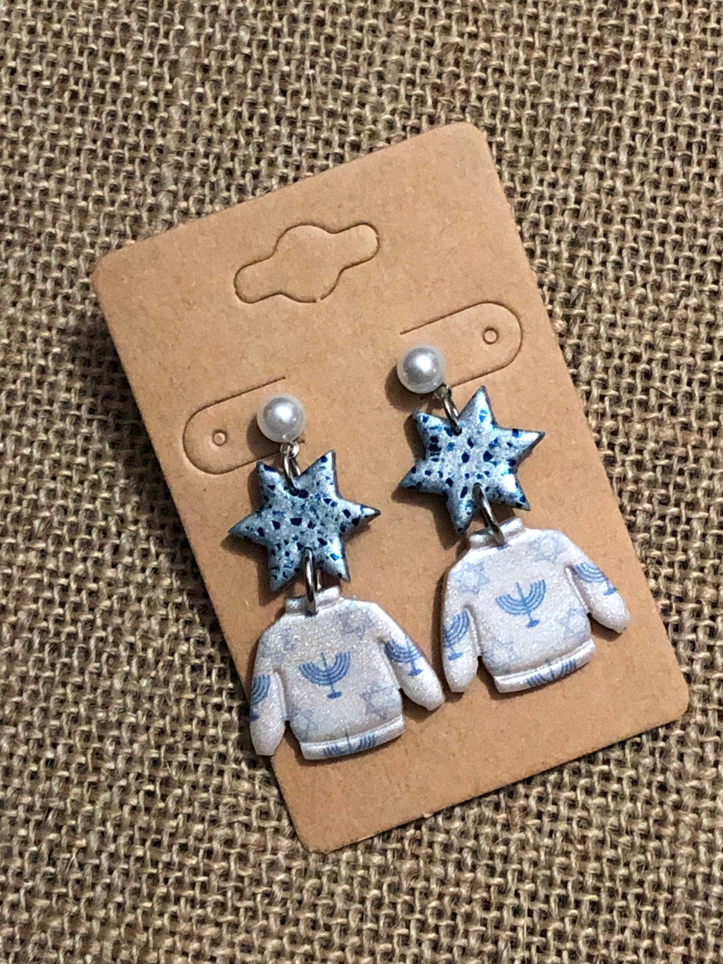 Hanukkah Sweater Pearl Dangle Earrings YOU CHOOSE Star Of David Menorah