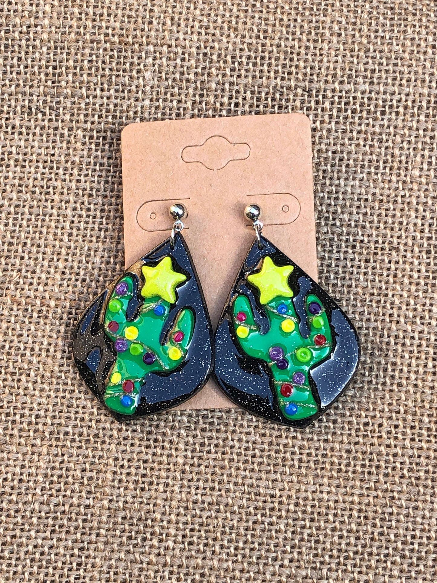 Christmas Cactus Decorated With Holiday Lights Dangle Earrings YOU CHOOSE