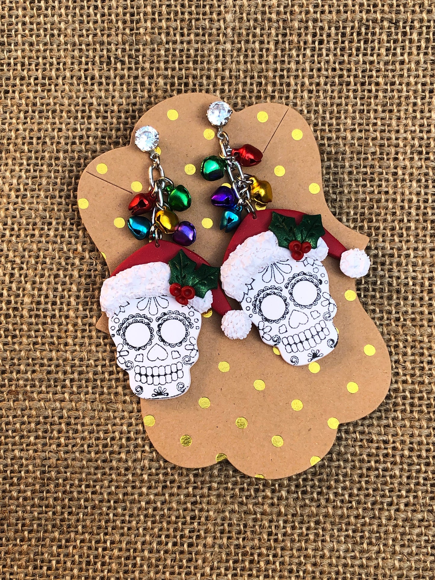 Colorful Christmas Jingle Bell Sugar Skull Statement Dangle Earrings YOU CHOOSE