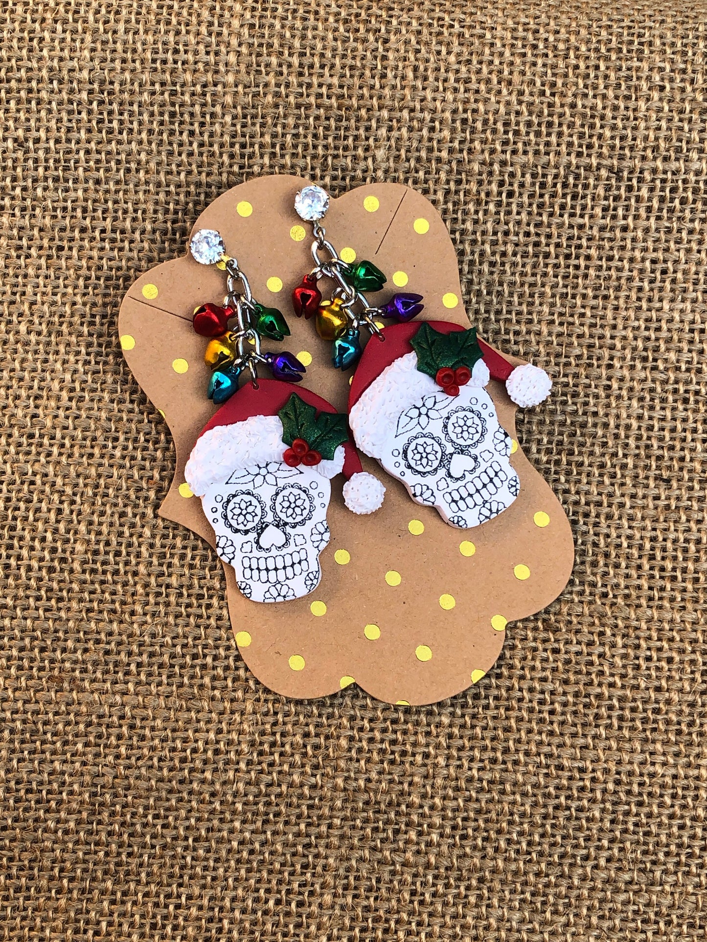 Colorful Christmas Jingle Bell Sugar Skull Statement Dangle Earrings YOU CHOOSE