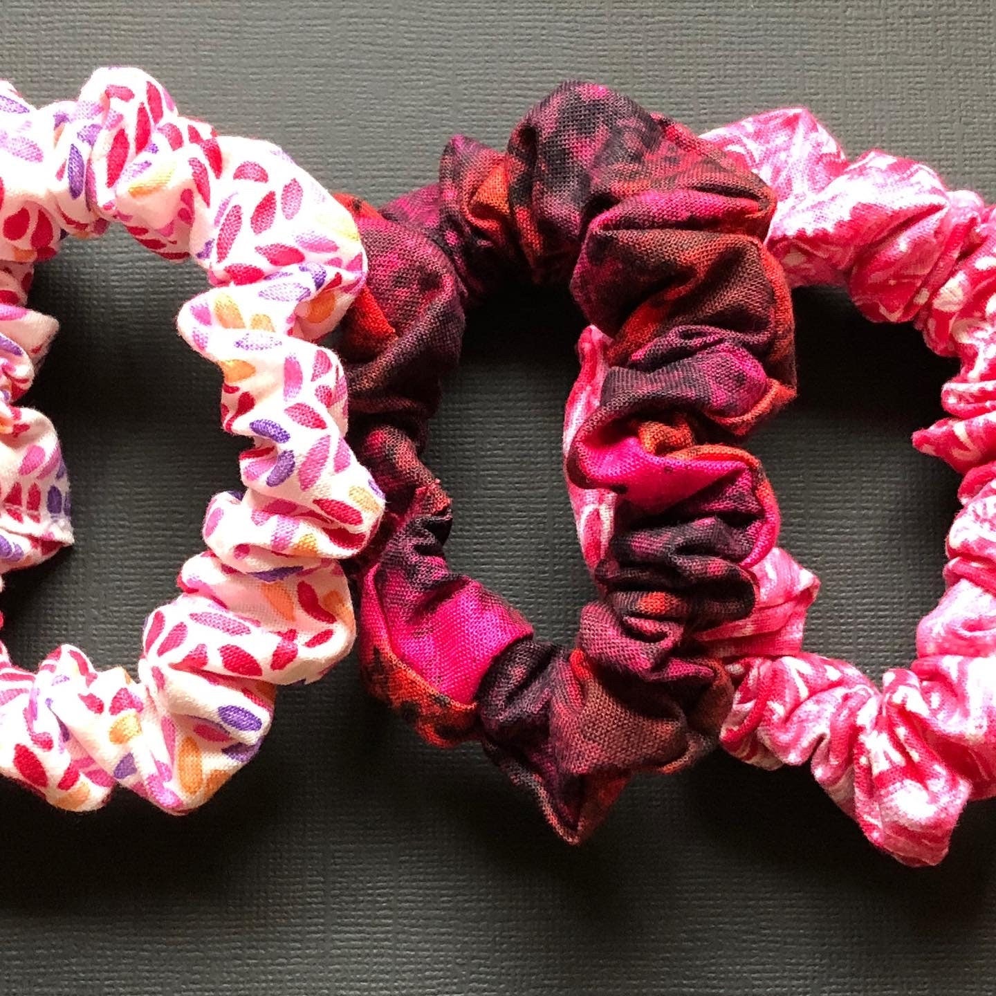 3pc Floral and Patterned Handmade Hair Scrunchies Pink Fuchsia Black and Cream
