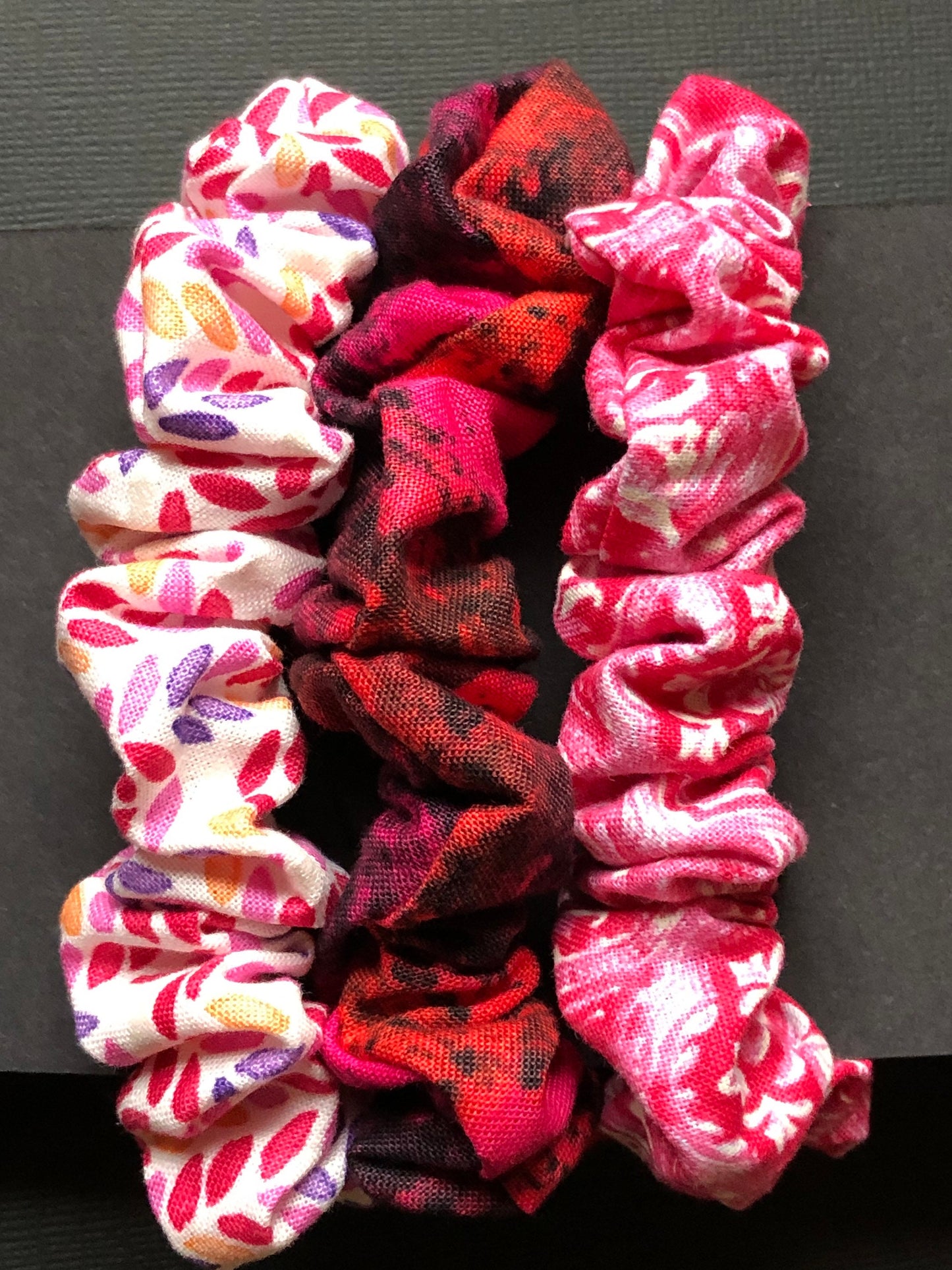 3pc Floral and Patterned Handmade Hair Scrunchies Pink Fuchsia Black and Cream