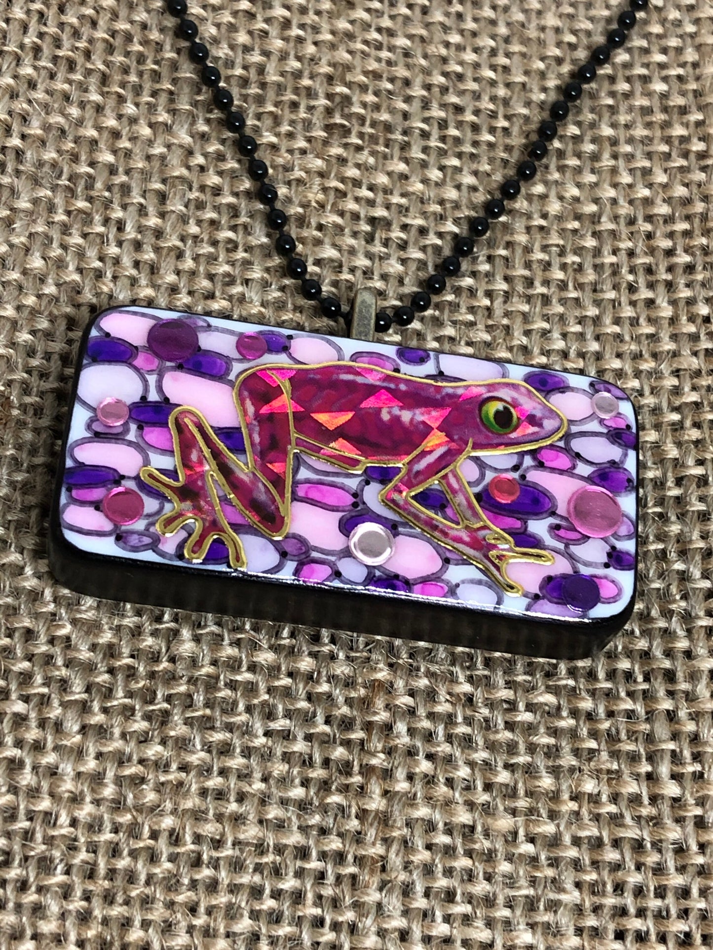 Pink Frog Amphibian Upcycled Domino Pendant Necklace