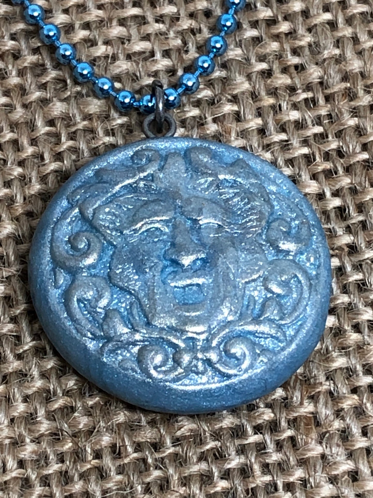 Gold and Blue Greenman Green Man Face Polymer Clay Pendant Necklace