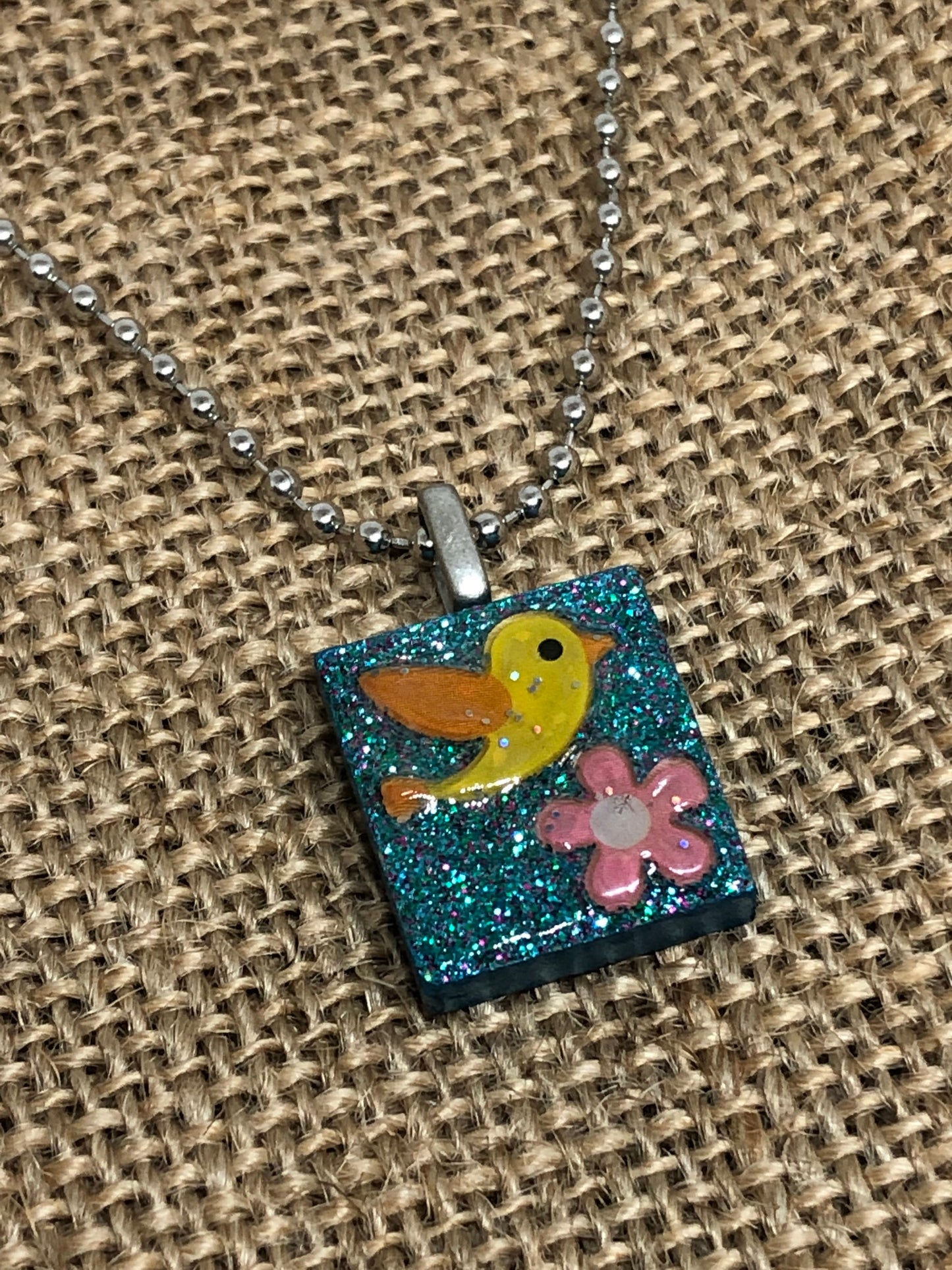 Sweet Bird and Flower Upcycled Game Tile Pendant Necklace