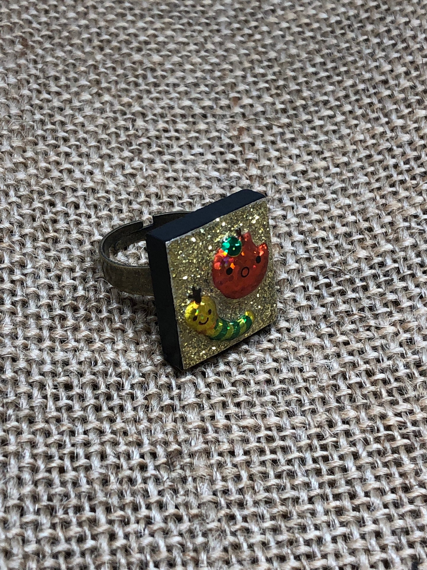 Kawaii Cute Apple and Worm Upcycled Game Tile Statement Ring