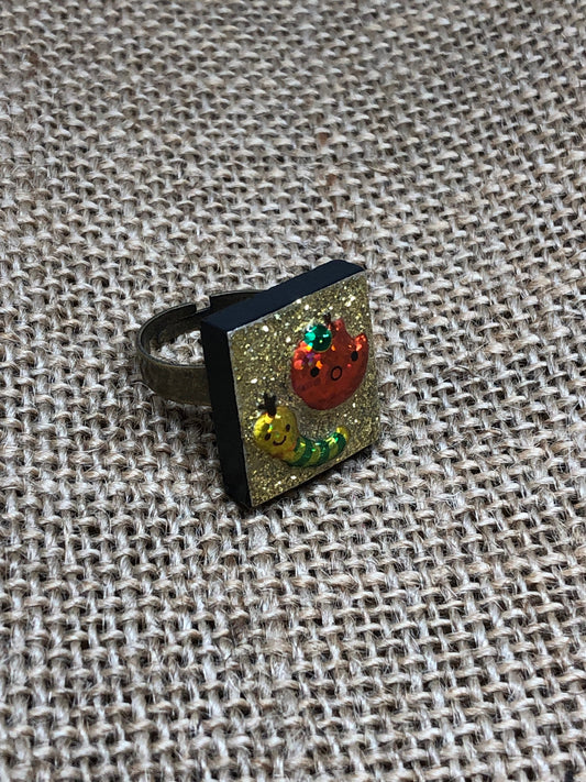 Kawaii Cute Apple and Worm Upcycled Game Tile Statement Ring