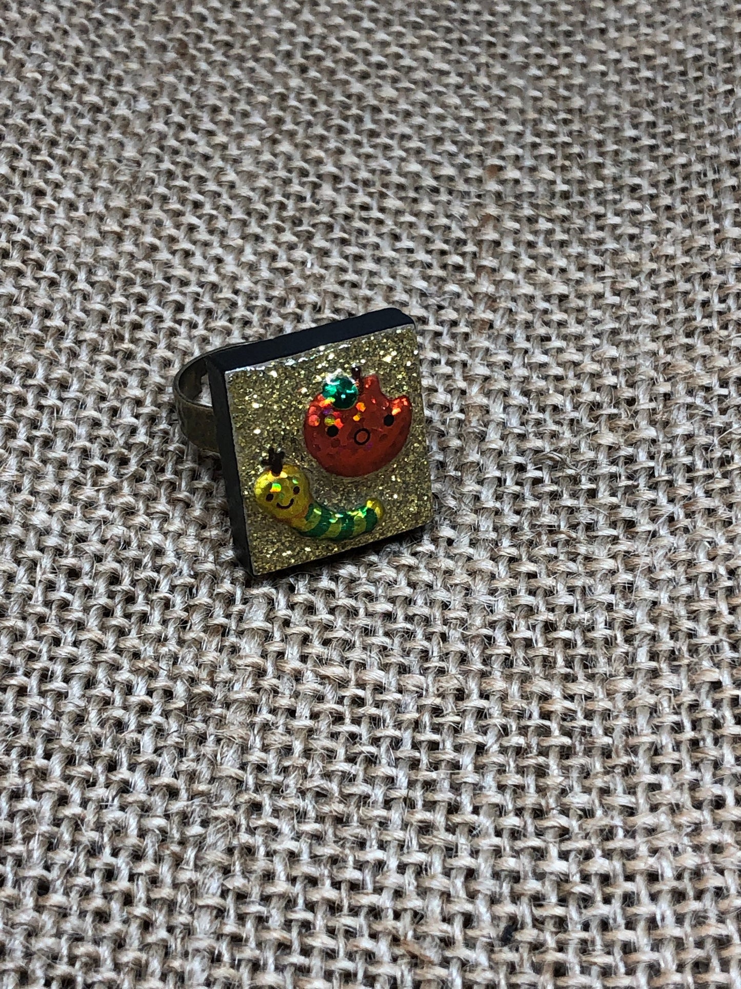 Kawaii Cute Apple and Worm Upcycled Game Tile Statement Ring
