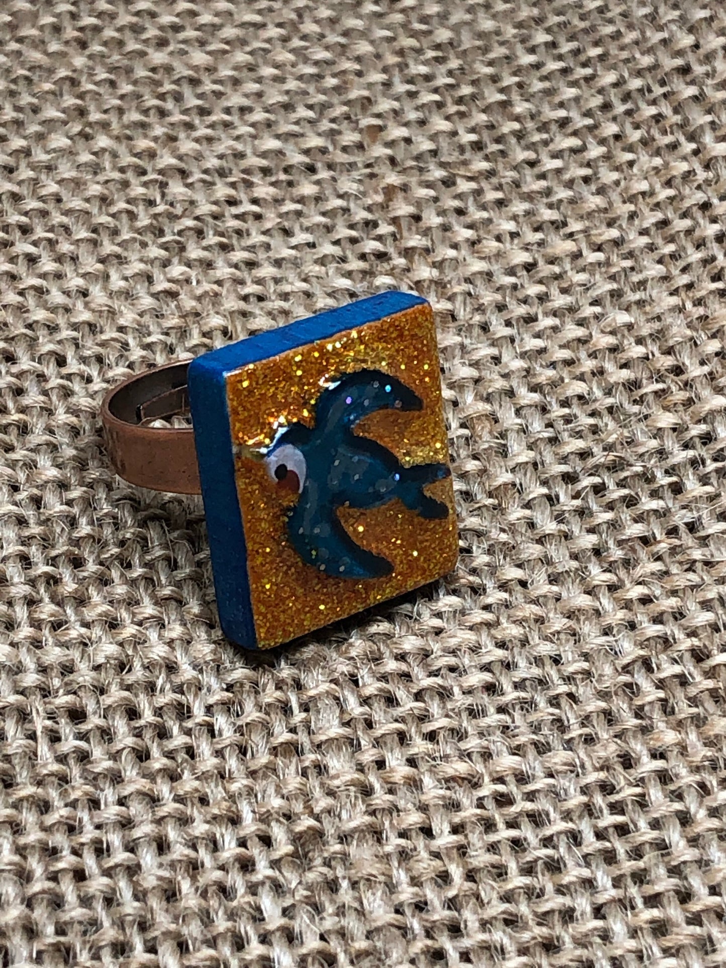 Blue Swallow Glittery Bird Adjustable Statement Ring