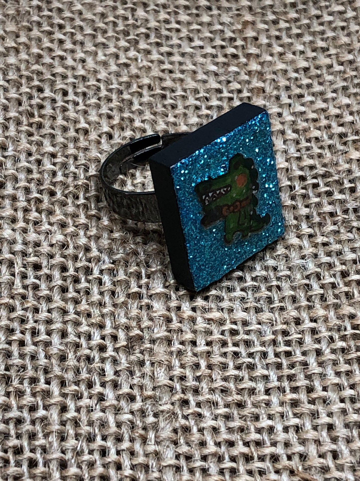 Glittery Alligator Upcycled Game Piece Adjustable Tile Ring