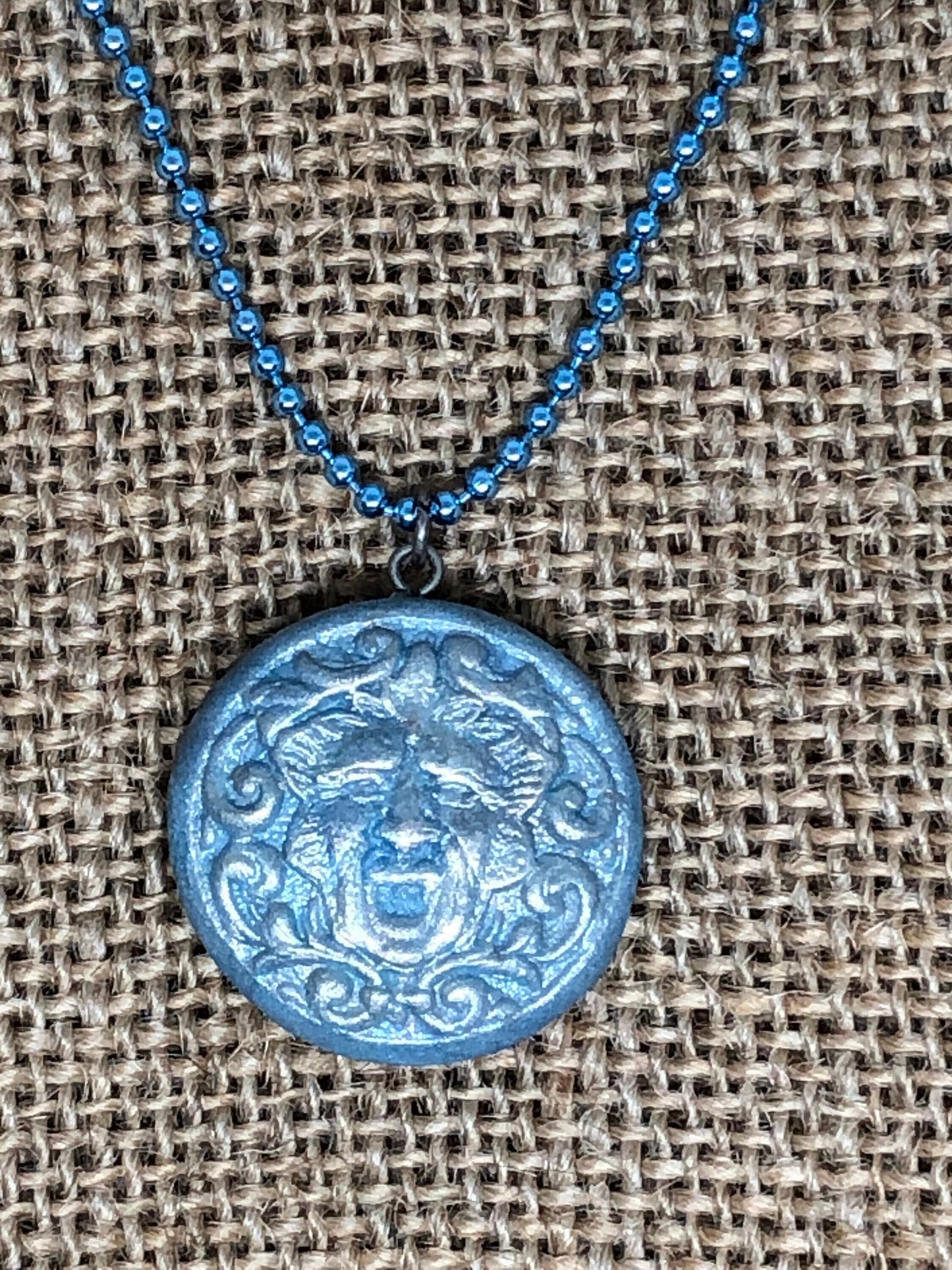 Gold and Blue Greenman Green Man Face Polymer Clay Pendant Necklace