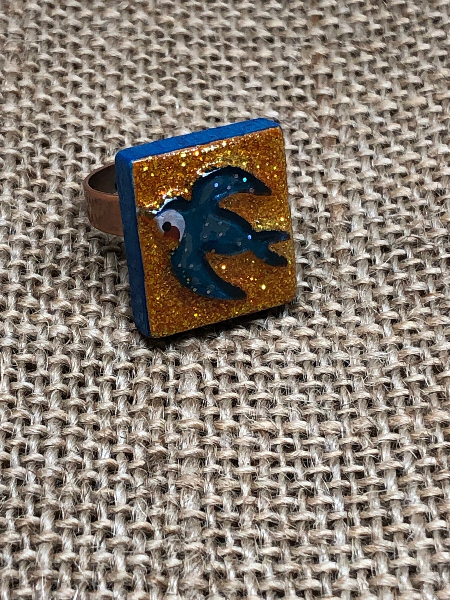 Blue Swallow Glittery Bird Adjustable Statement Ring