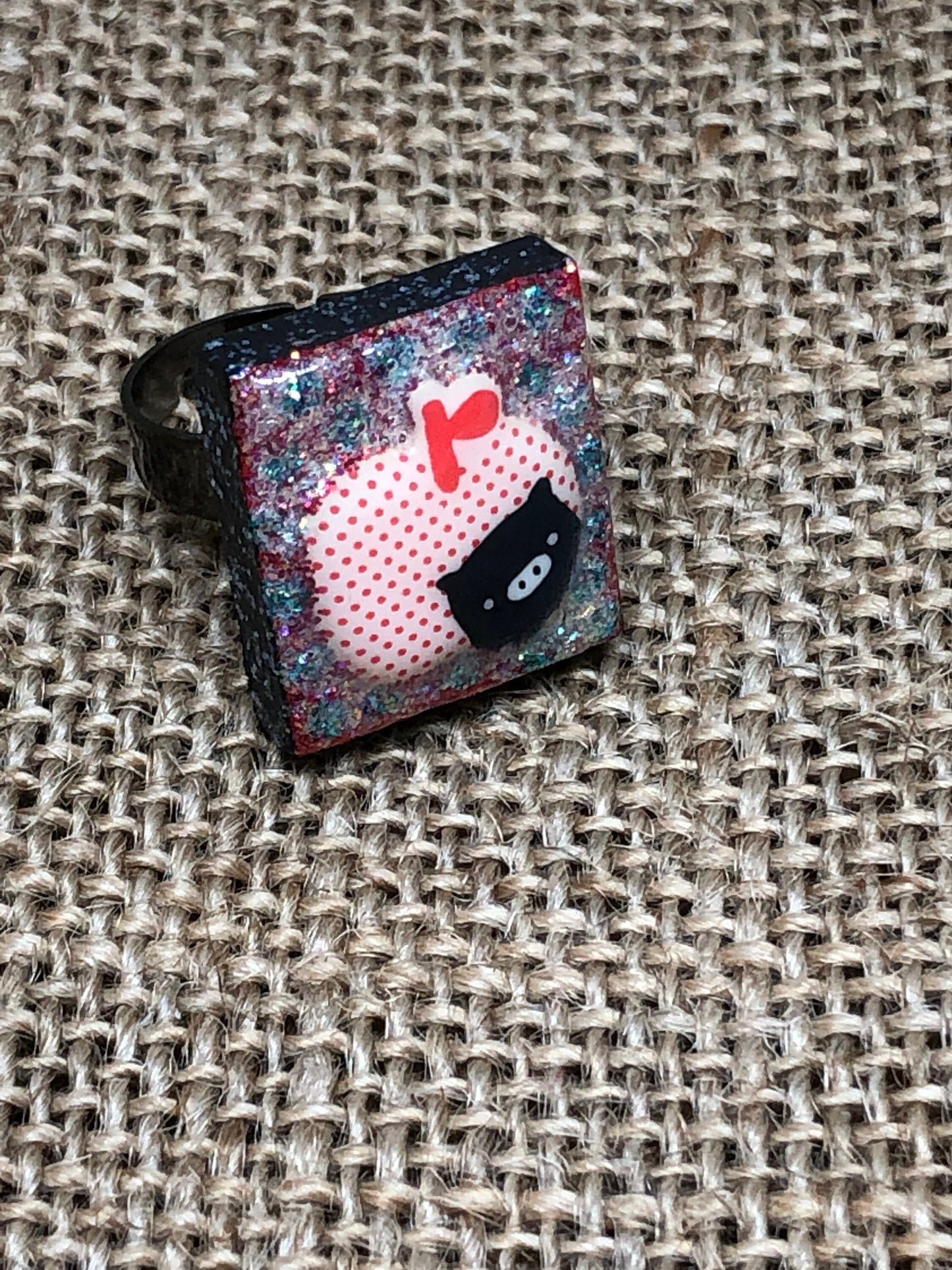 Cute Little Pig and Apple Adjustable Glitter Statement Ring