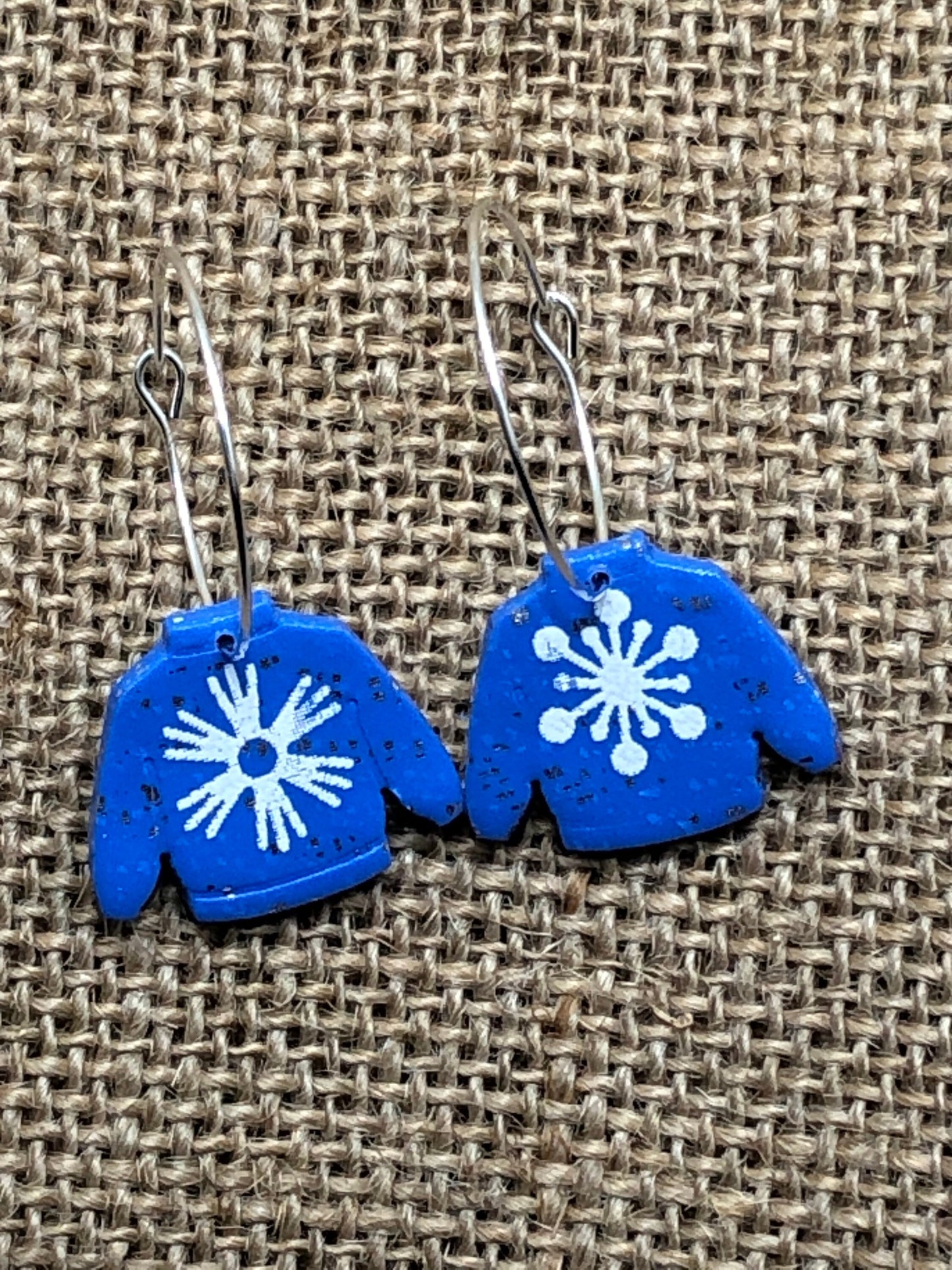 Blue Snowflake Ugly Sweater Dangle Hoop Earrings YOU CHOOSE